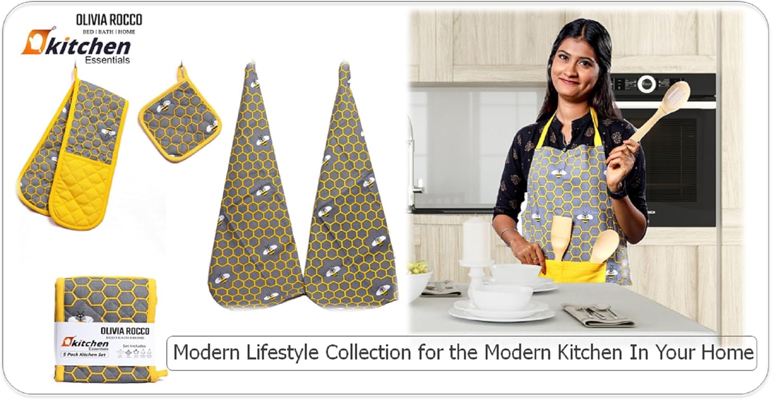 OLIVIA ROCCO Kitchen Sets With Apron Double Oven Gloves Towel Set Oven Mitts Pot Holder