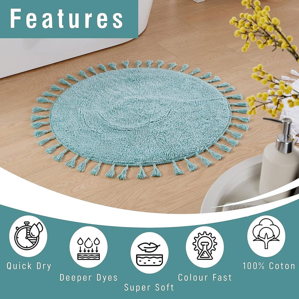 OLIVIA ROCCO Non Slip Round Tasselled Bath Mat 100% Cotton Absorbent Soft Plush Bathroom