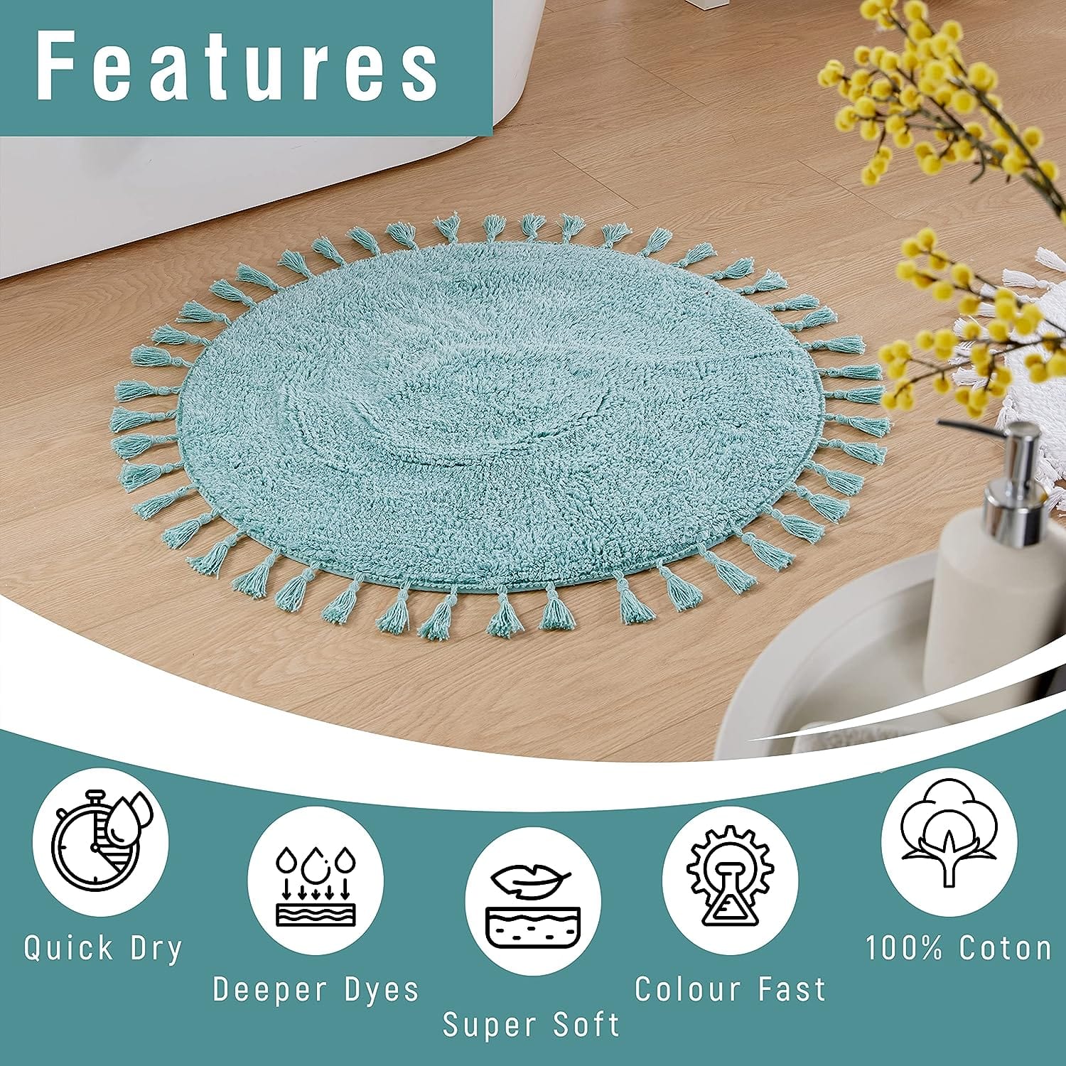 OLIVIA ROCCO Non Slip Round Tasselled Bath Mat 100% Cotton Absorbent Soft Plush Bathroom