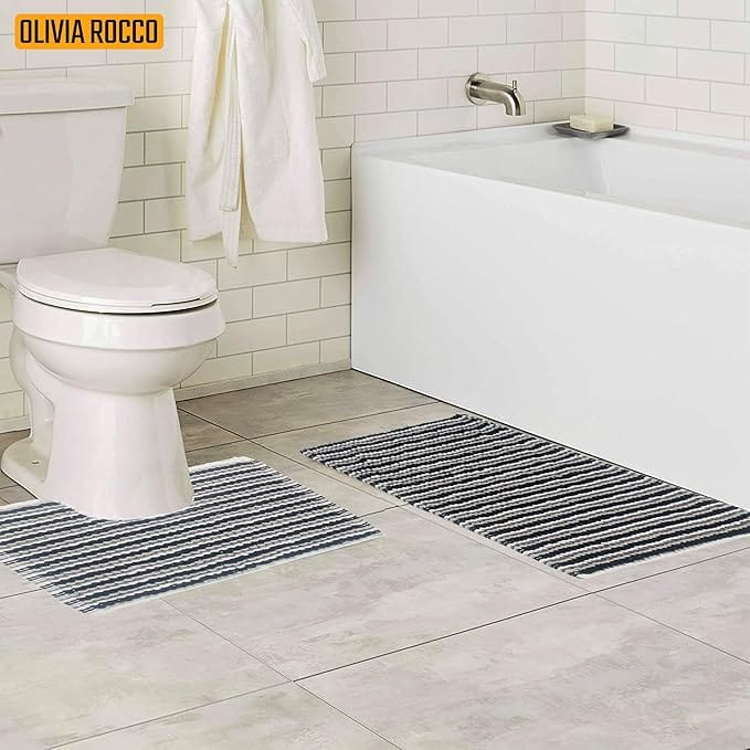 OLIVIA ROCCO Amalfi 2 Piece Bath Mat Set 100% Cotton Jumbo Plush Absorbent Pedestal Bath