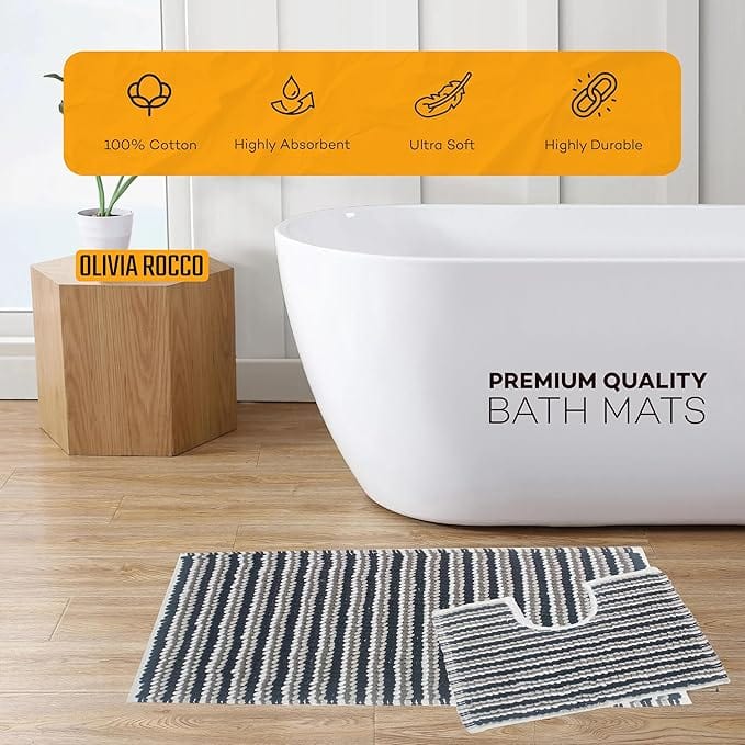 OLIVIA ROCCO Amalfi 2 Piece Bath Mat Set 100% Cotton Jumbo Plush Absorbent Pedestal Bath