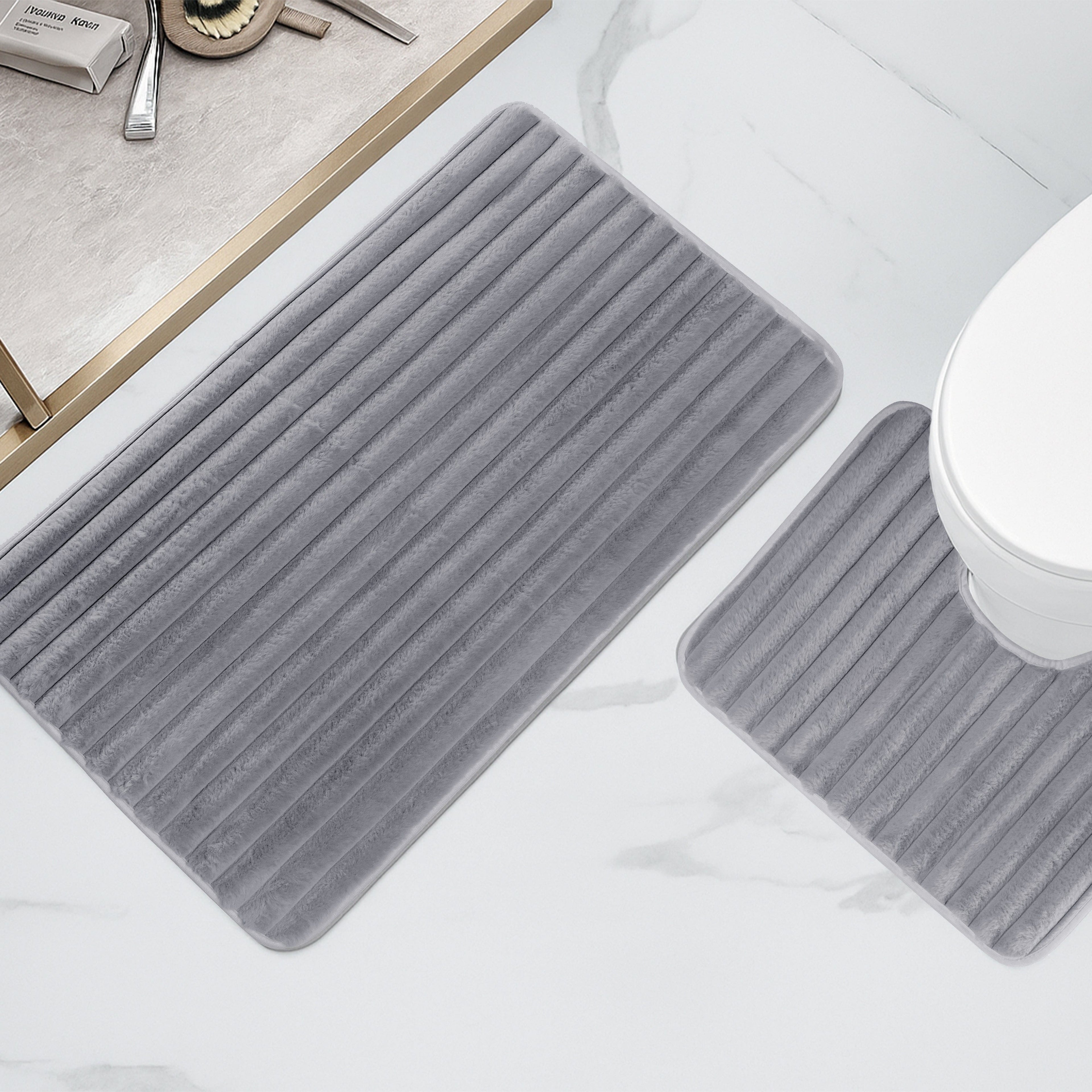 OLIVIA ROCCO 2 Piece Ribbed Bath Mat Set Charcoal Extra Soft Non Slip Super Absorbent