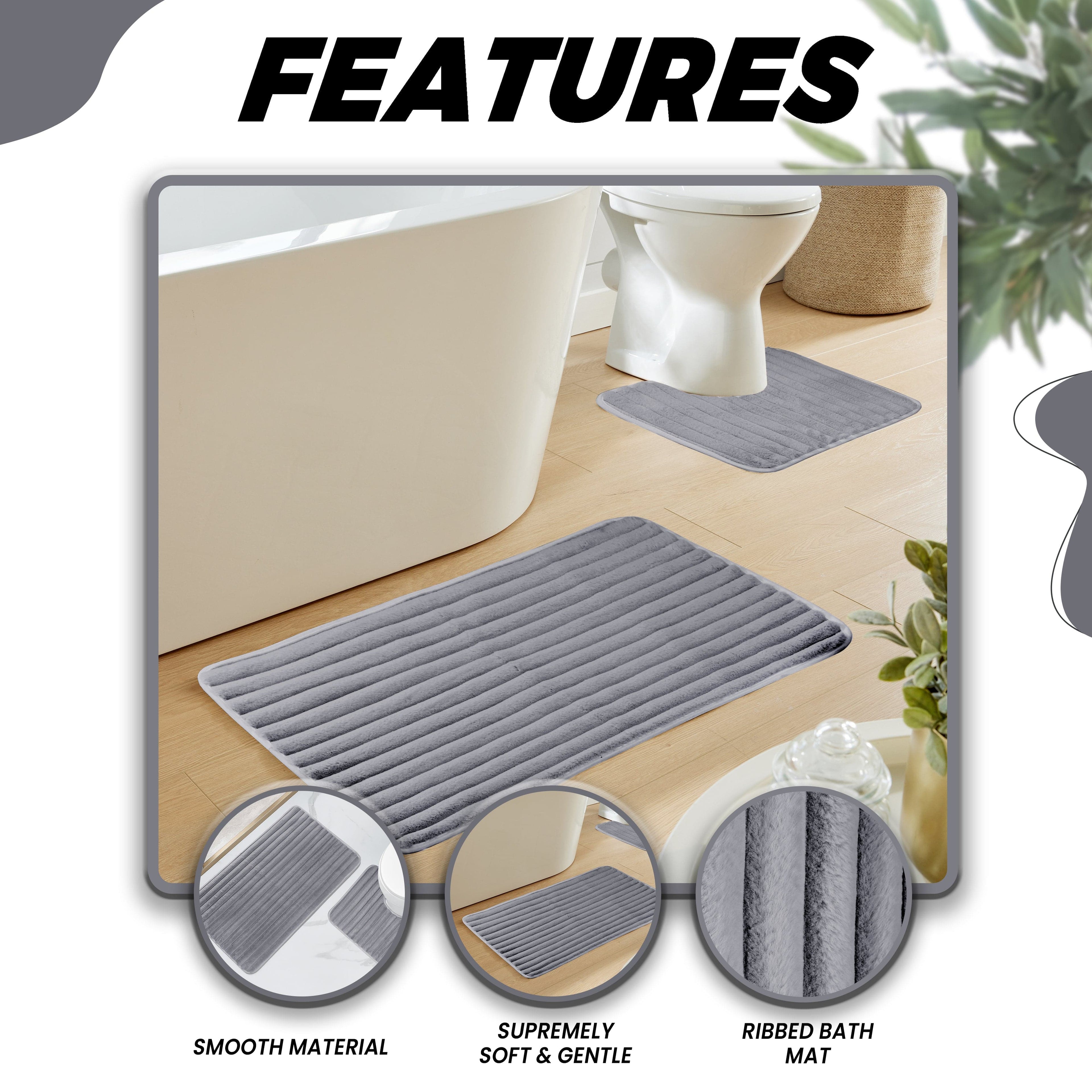 OLIVIA ROCCO 2 Piece Ribbed Bath Mat Set Charcoal Extra Soft Non Slip Super Absorbent