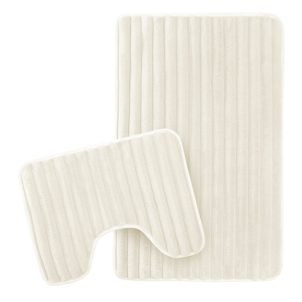 OLIVIA ROCCO 2 Piece Ribbed Bath Mat Set Cream Extra Soft Non Slip Super Absorbent Easy