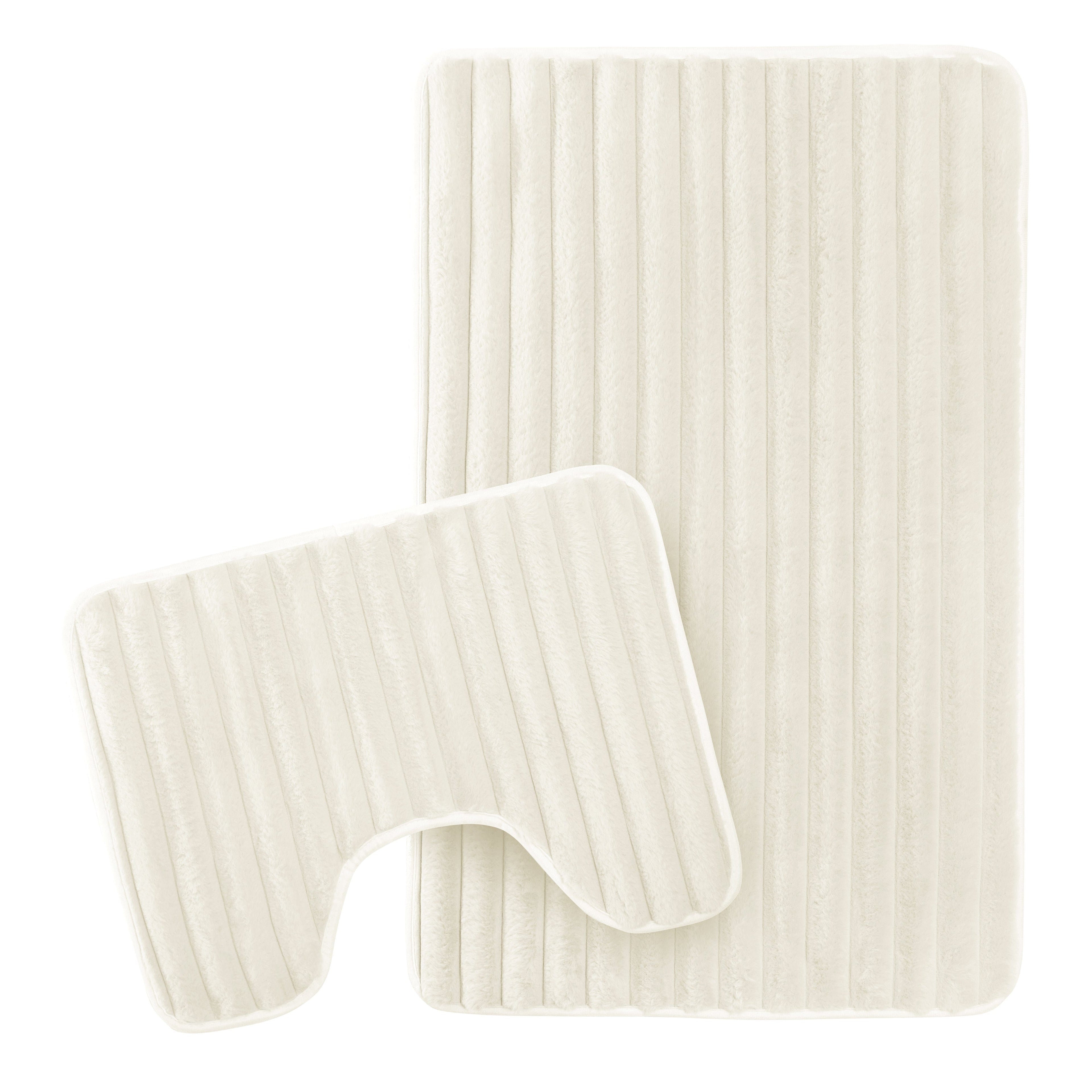 OLIVIA ROCCO 2 Piece Ribbed Bath Mat Set Cream Extra Soft Non Slip Super Absorbent Easy