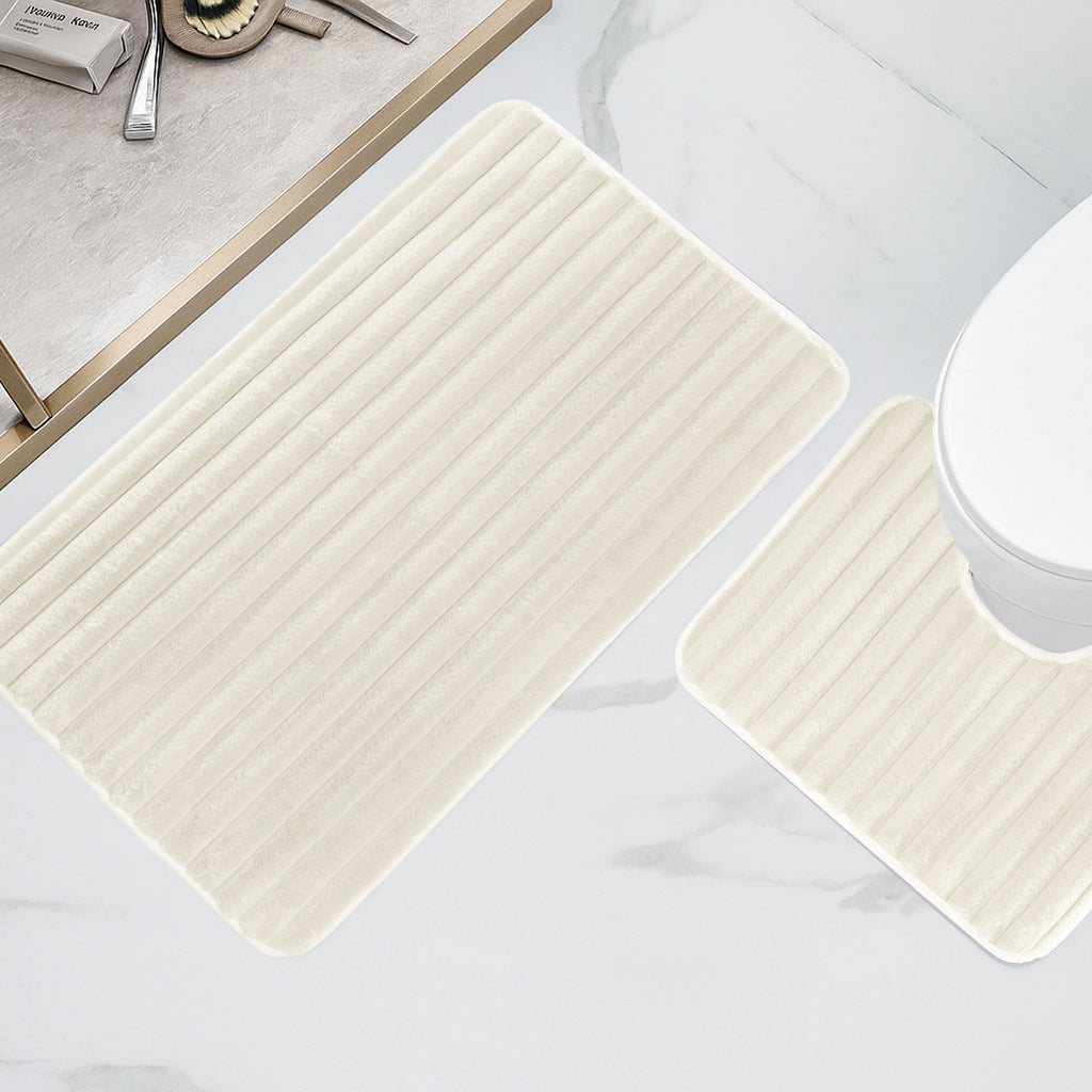 OLIVIA ROCCO 2 Piece Ribbed Bath Mat Set Cream Extra Soft Non Slip Super Absorbent Easy