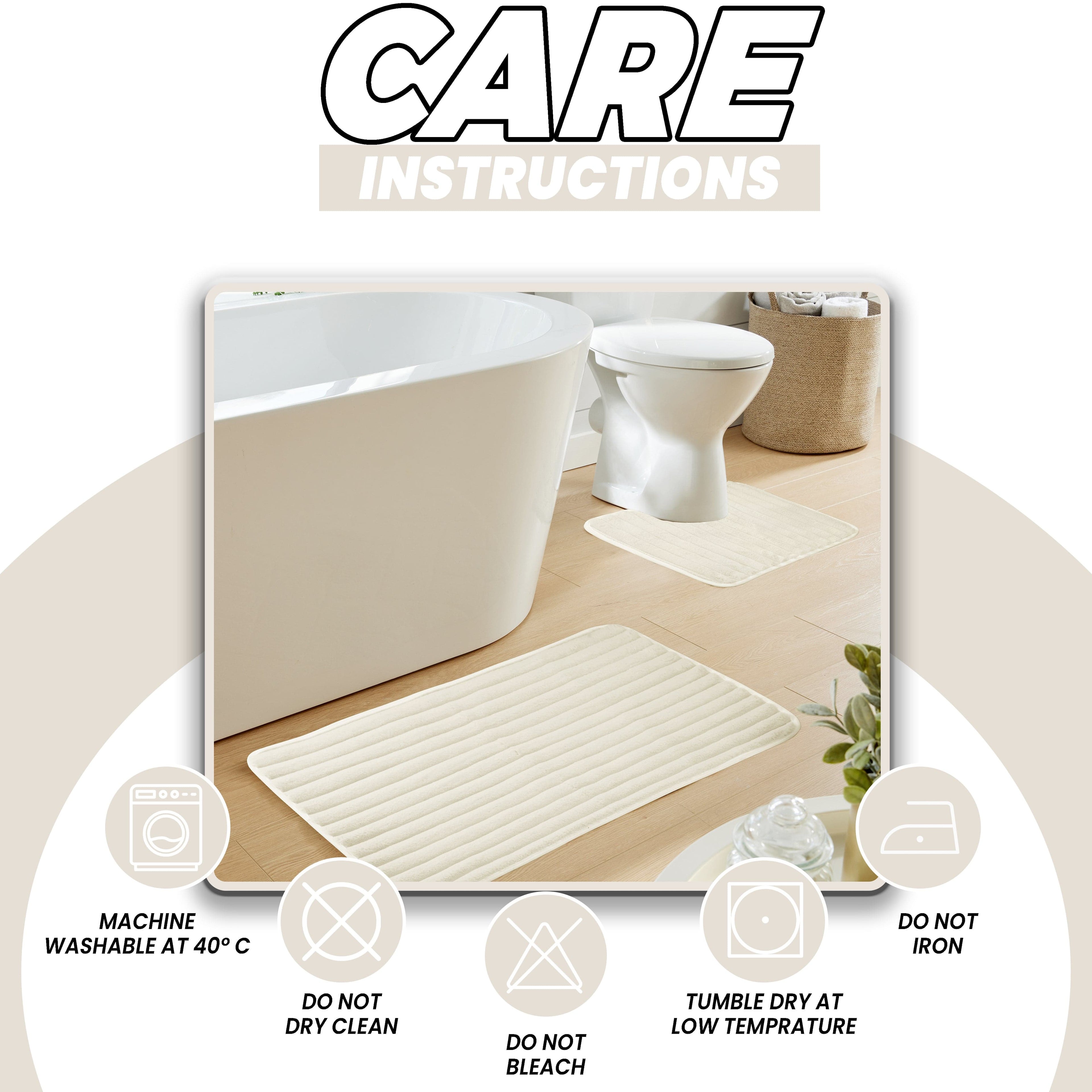 OLIVIA ROCCO 2 Piece Ribbed Bath Mat Set Cream Extra Soft Non Slip Super Absorbent Easy