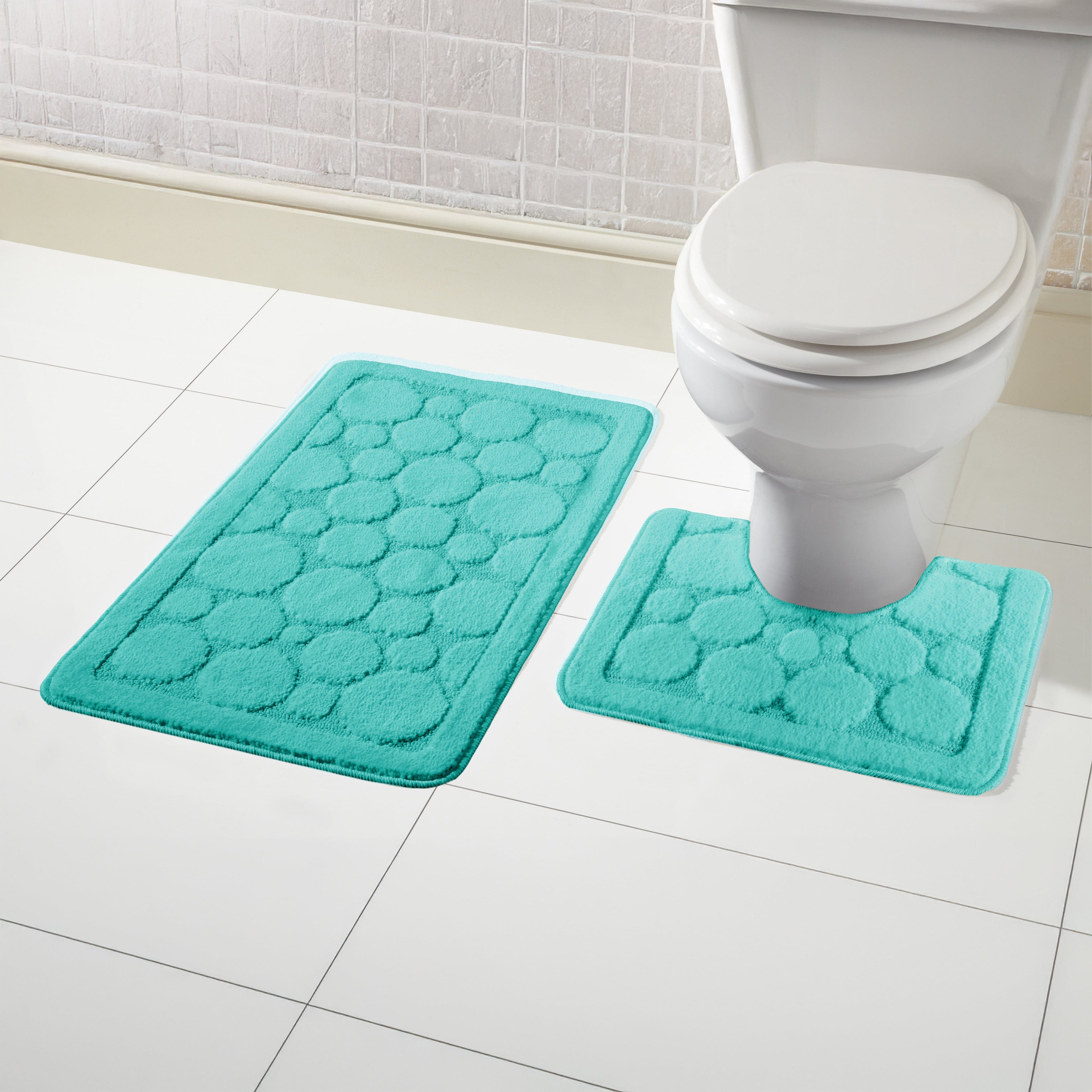OLIVIA ROCCO Cali Bubbles 2 Piece Duck Egg Bath Mat and Pedestal Set Non Slip Super Soft Easy-Care Home Essential