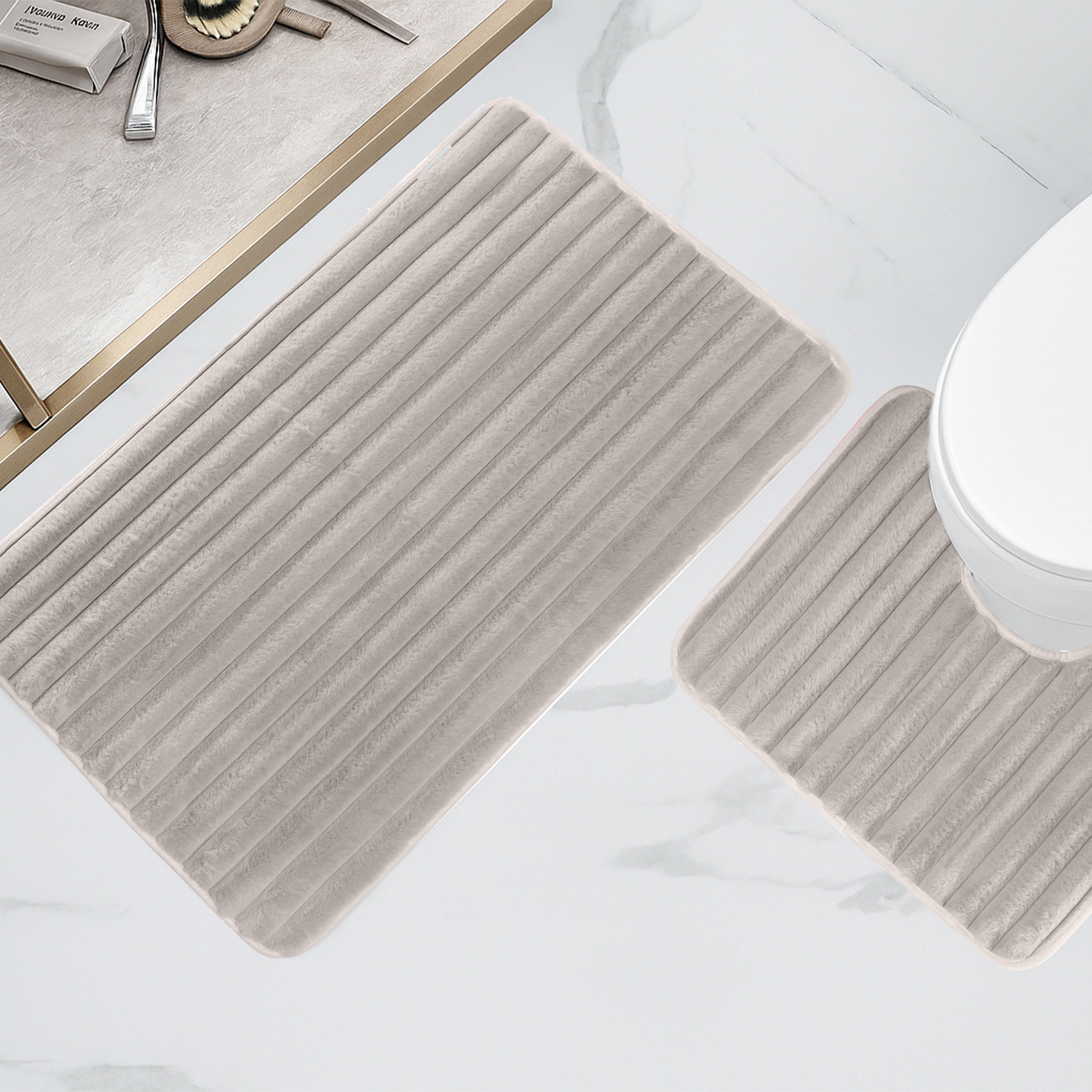 OLIVIA ROCCO 2 Piece Ribbed Bath Mat Set Natural Extra Soft Non Slip Super Absorbent Easy