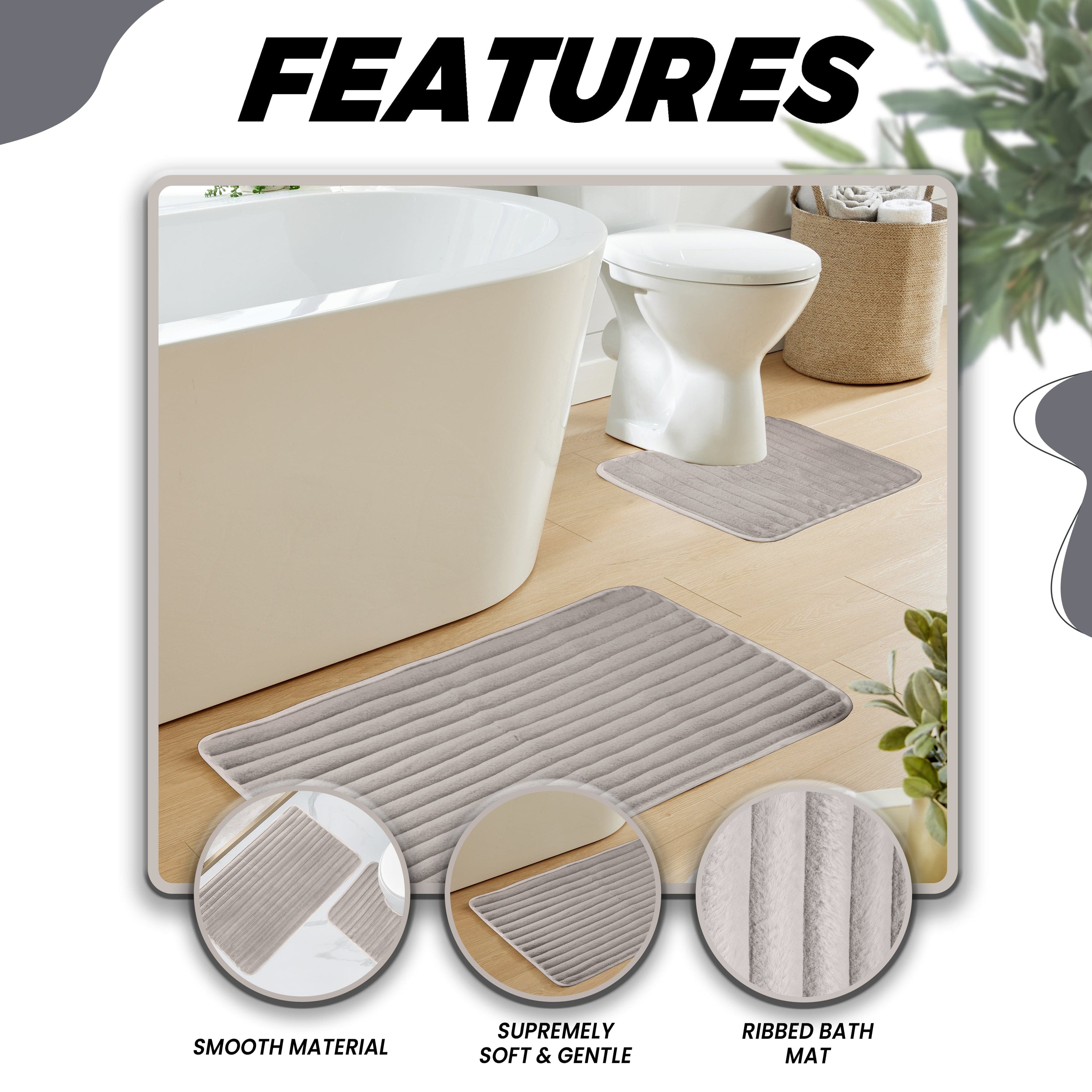 OLIVIA ROCCO 2 Piece Ribbed Bath Mat Set Natural Extra Soft Non Slip Super Absorbent Easy