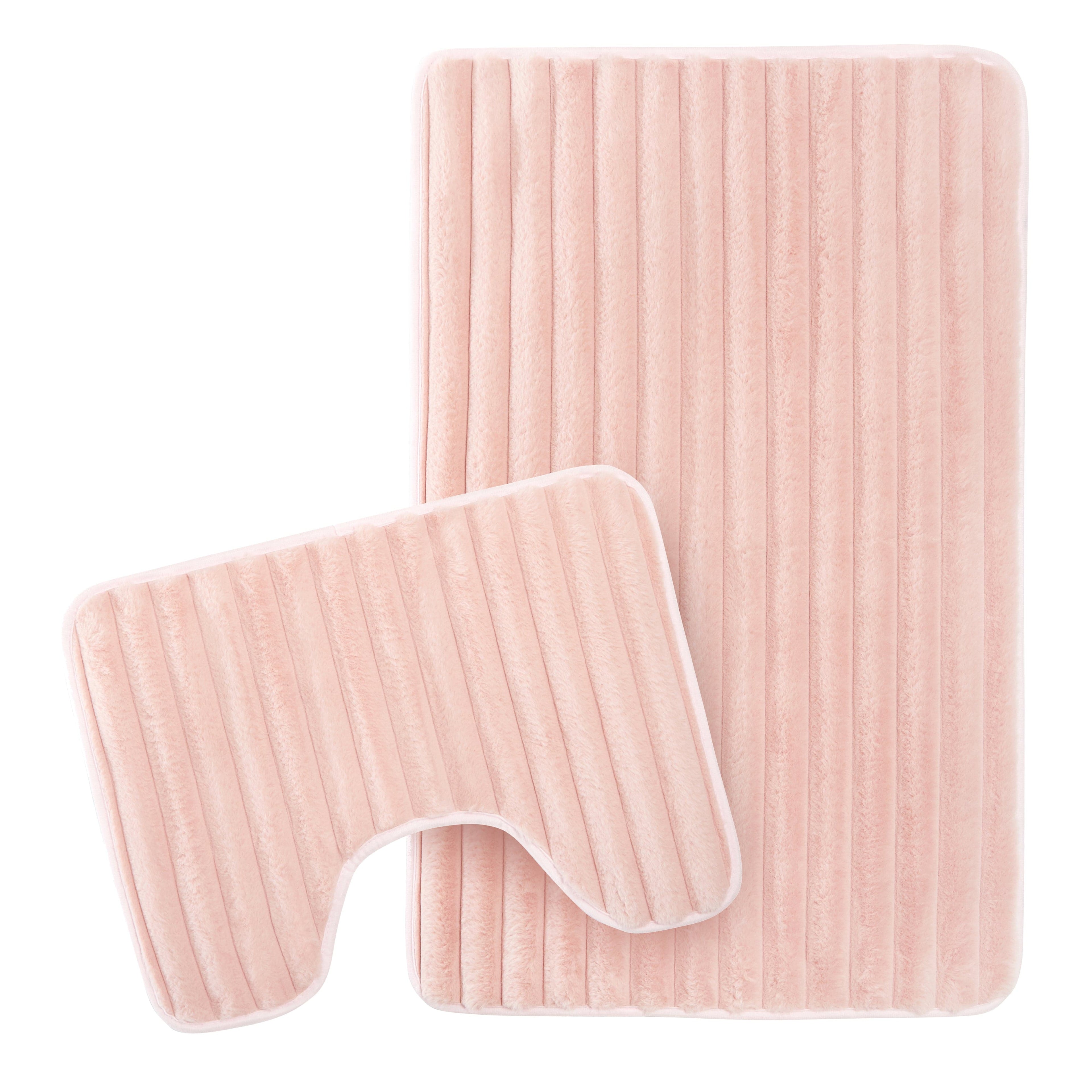 OLIVIA ROCCO 2 Piece Ribbed Bath Mat Set Pink Extra Soft Non Slip Super Absorbent