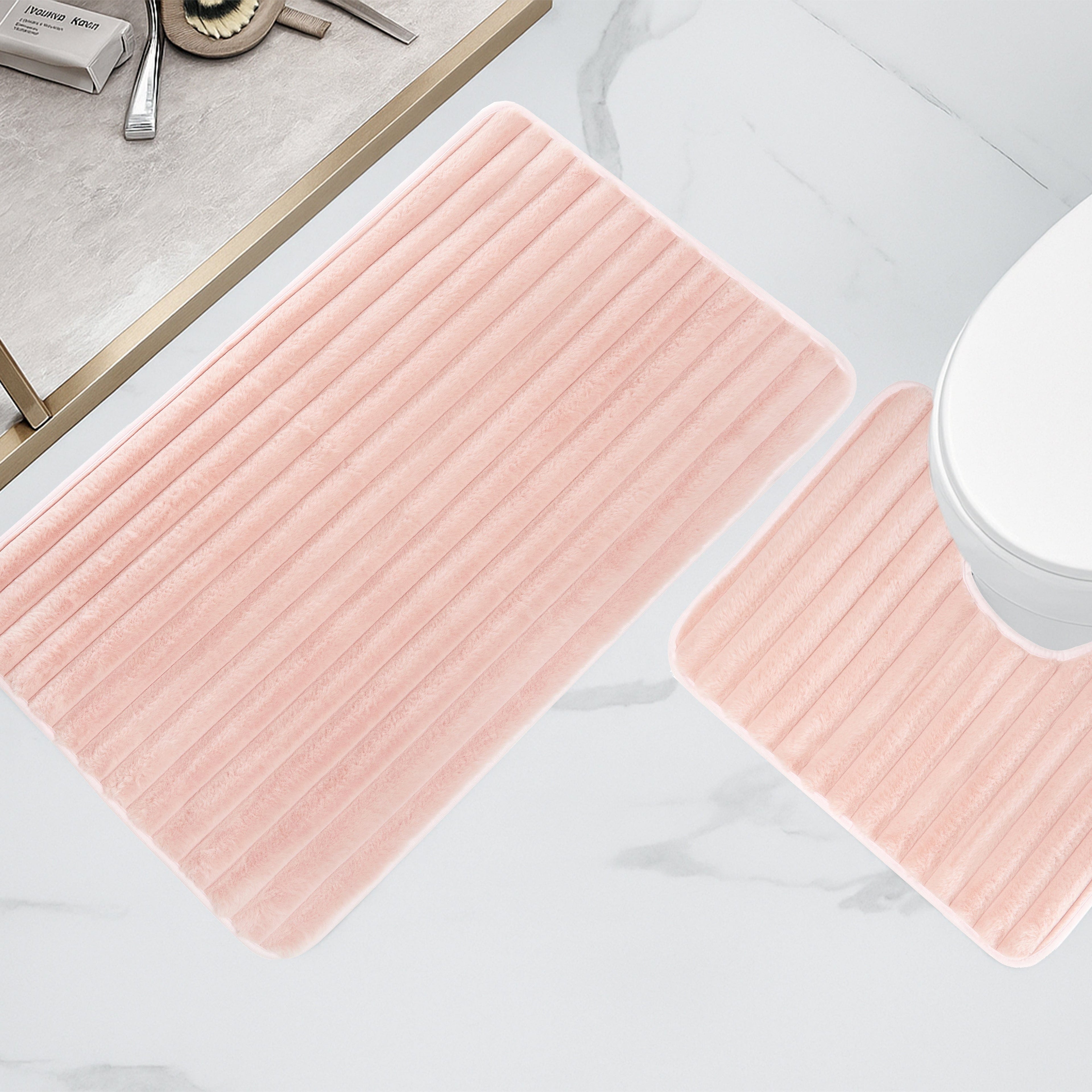OLIVIA ROCCO 2 Piece Ribbed Bath Mat Set Pink Extra Soft Non Slip Super Absorbent