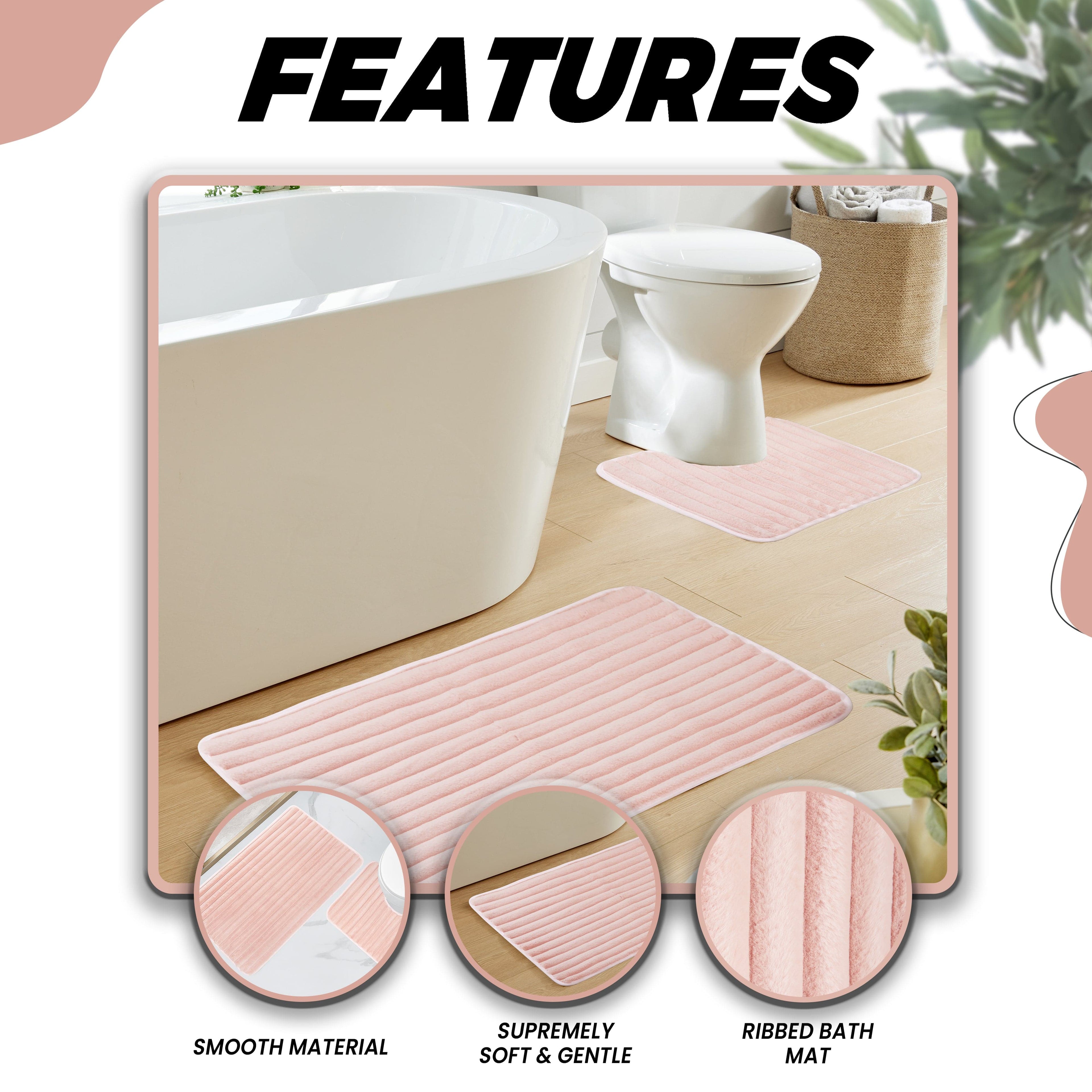 OLIVIA ROCCO 2 Piece Ribbed Bath Mat Set Pink Extra Soft Non Slip Super Absorbent