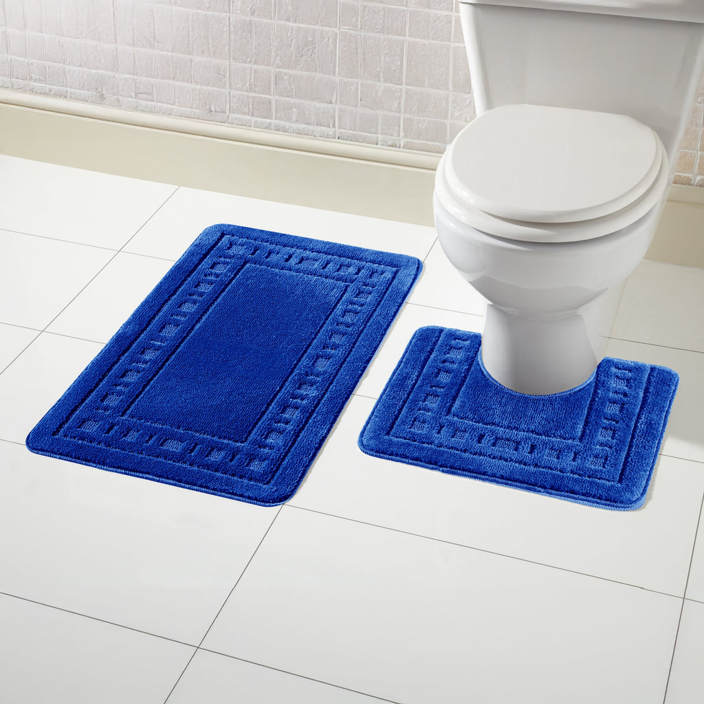 OLIVIA ROCCO Miami 2 Piece Royal Blue Bath Mat and Pedestal Set Non Slip Soft Absorbent
