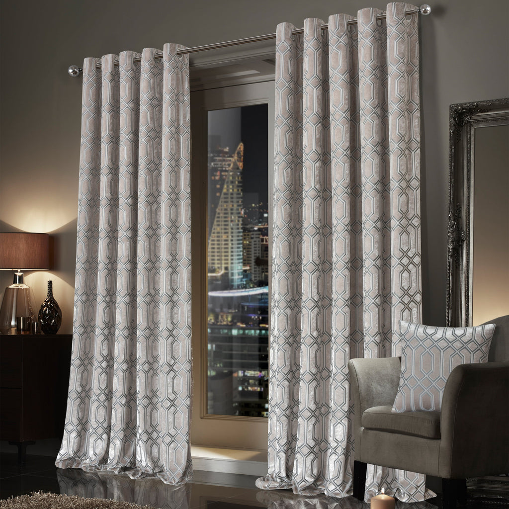 OLIVIA ROCCO Luxe Geo Velvet Eyelet Curtains Champagne Thermal Insulated Soundproof
