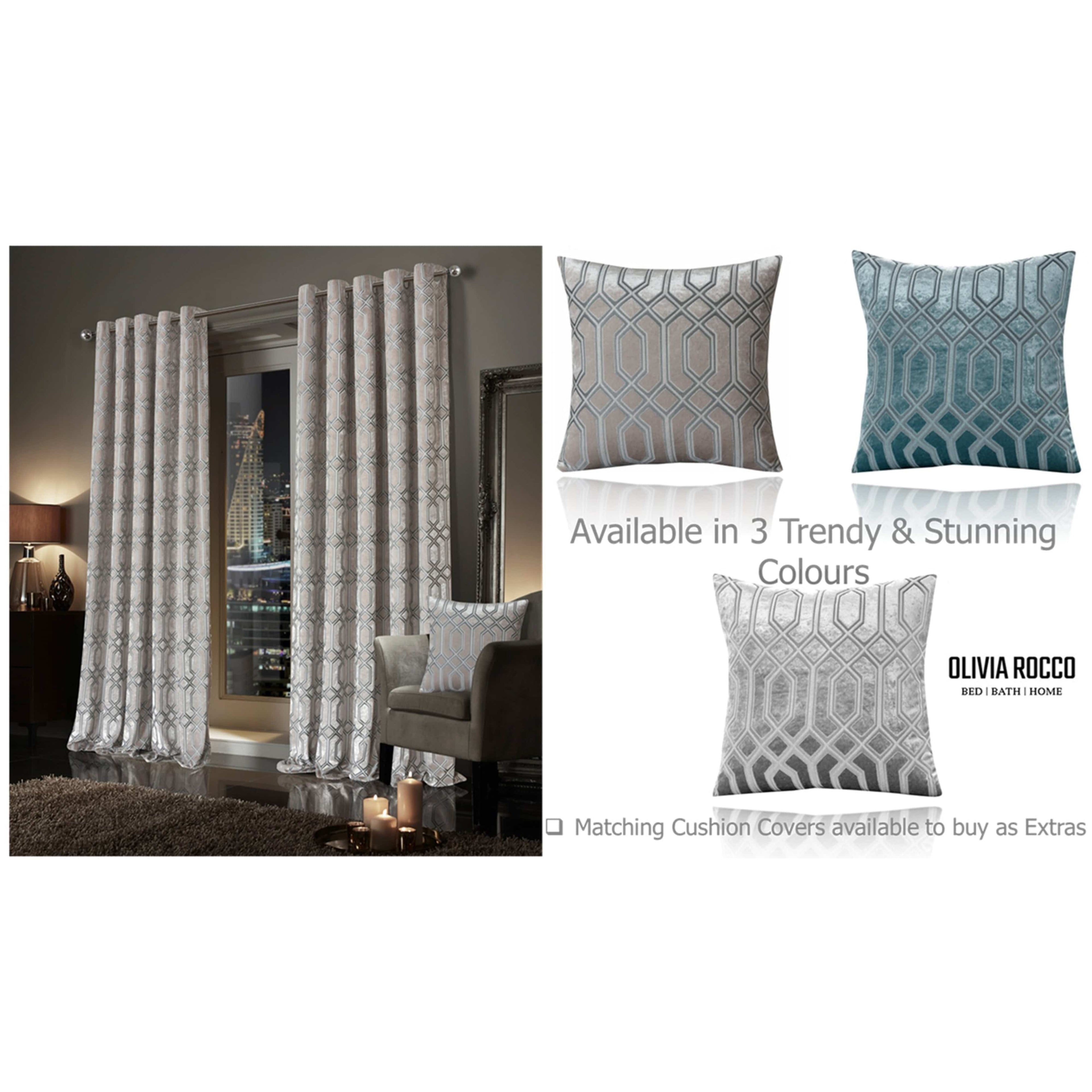 OLIVIA ROCCO Luxe Geo Velvet Eyelet Curtains Champagne Thermal Insulated Soundproof