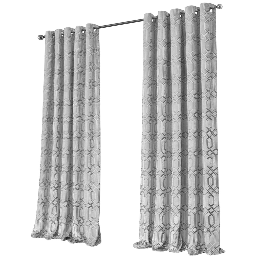 OLIVIA ROCCO Luxe Geo Velvet Eyelet Curtains Grey Thermal Insulated Soundproof Easy-Fit Ready Made Window Pair
