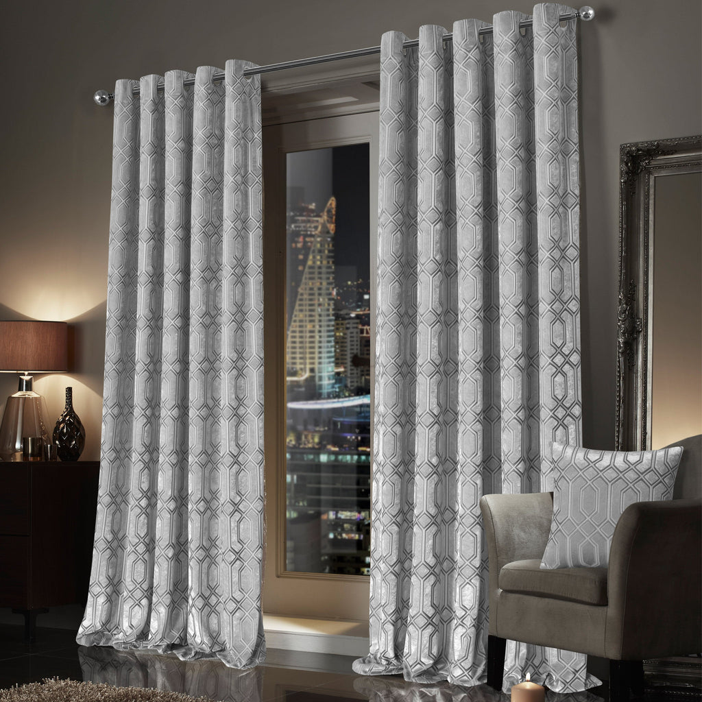 OLIVIA ROCCO Luxe Geo Velvet Eyelet Curtains Grey Thermal Insulated Soundproof Easy-Fit Ready Made Window Pair