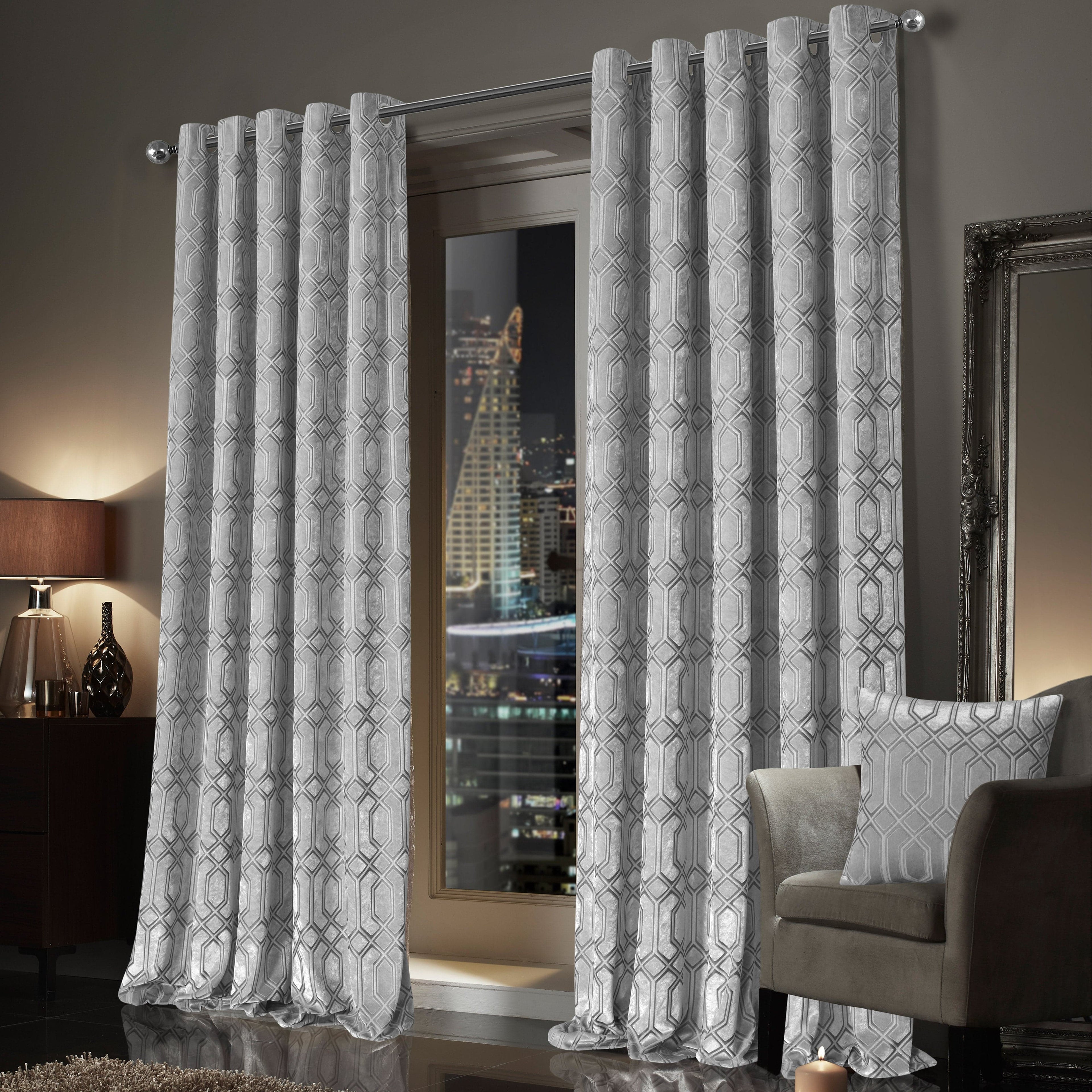 OLIVIA ROCCO Luxe Geo Velvet Eyelet Curtains Grey Thermal Insulated Soundproof Easy-Fit Ready Made Window Pair