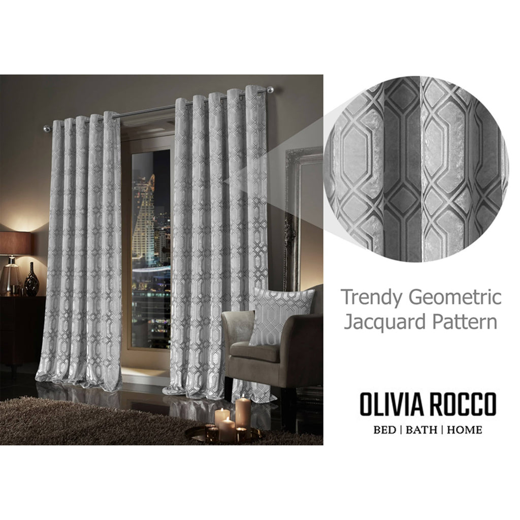 OLIVIA ROCCO Luxe Geo Velvet Eyelet Curtains Grey Thermal Insulated Soundproof Easy-Fit Ready Made Window Pair