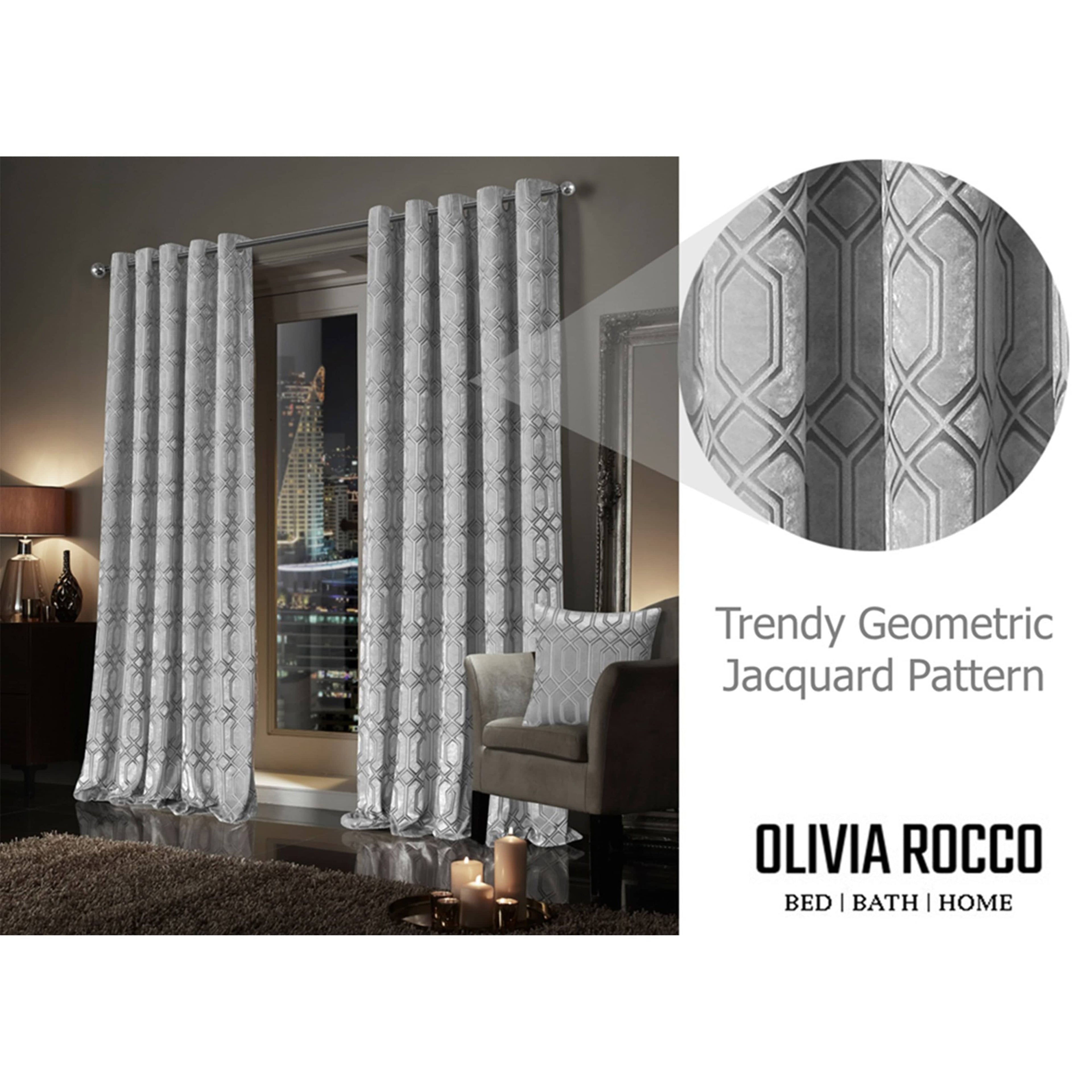 OLIVIA ROCCO Luxe Geo Velvet Eyelet Curtains Grey Thermal Insulated Soundproof Easy-Fit Ready Made Window Pair