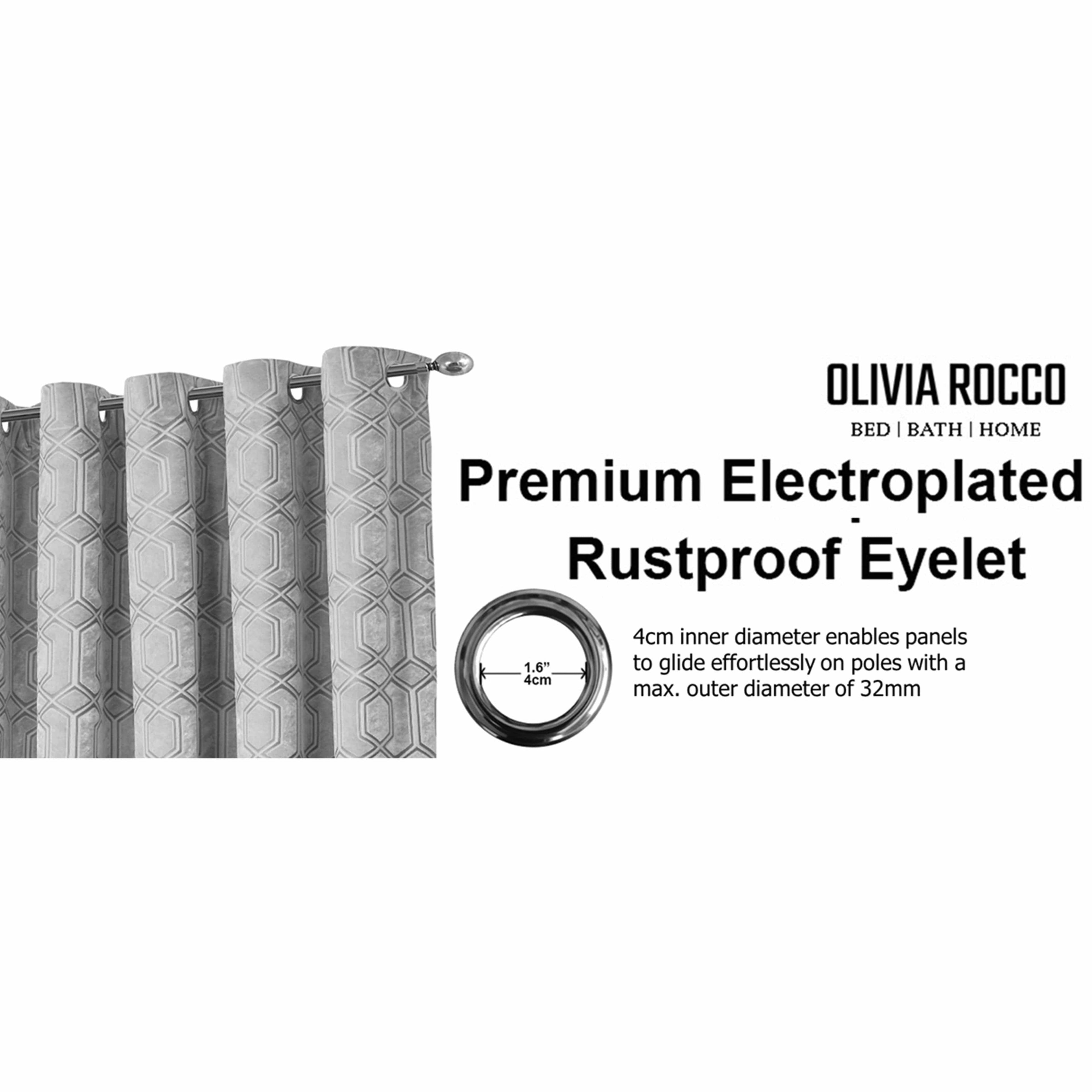 OLIVIA ROCCO Luxe Geo Velvet Eyelet Curtains Grey Thermal Insulated Soundproof Easy-Fit Ready Made Window Pair