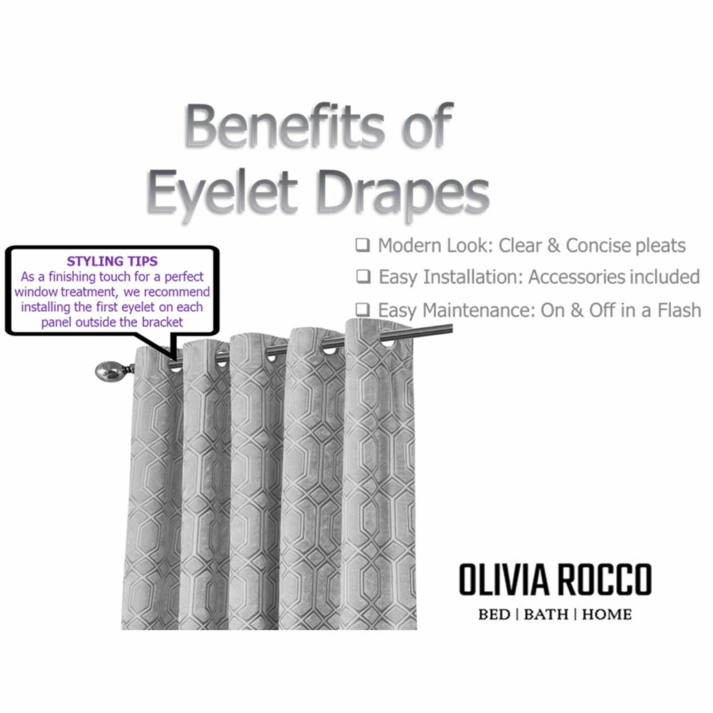 OLIVIA ROCCO Luxe Geo Velvet Eyelet Curtains Grey Thermal Insulated Soundproof Easy-Fit Ready Made Window Pair
