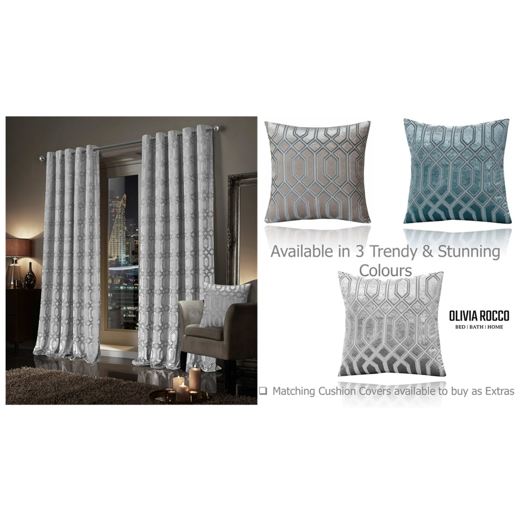 OLIVIA ROCCO Luxe Geo Velvet Eyelet Curtains Grey Thermal Insulated Soundproof Easy-Fit Ready Made Window Pair