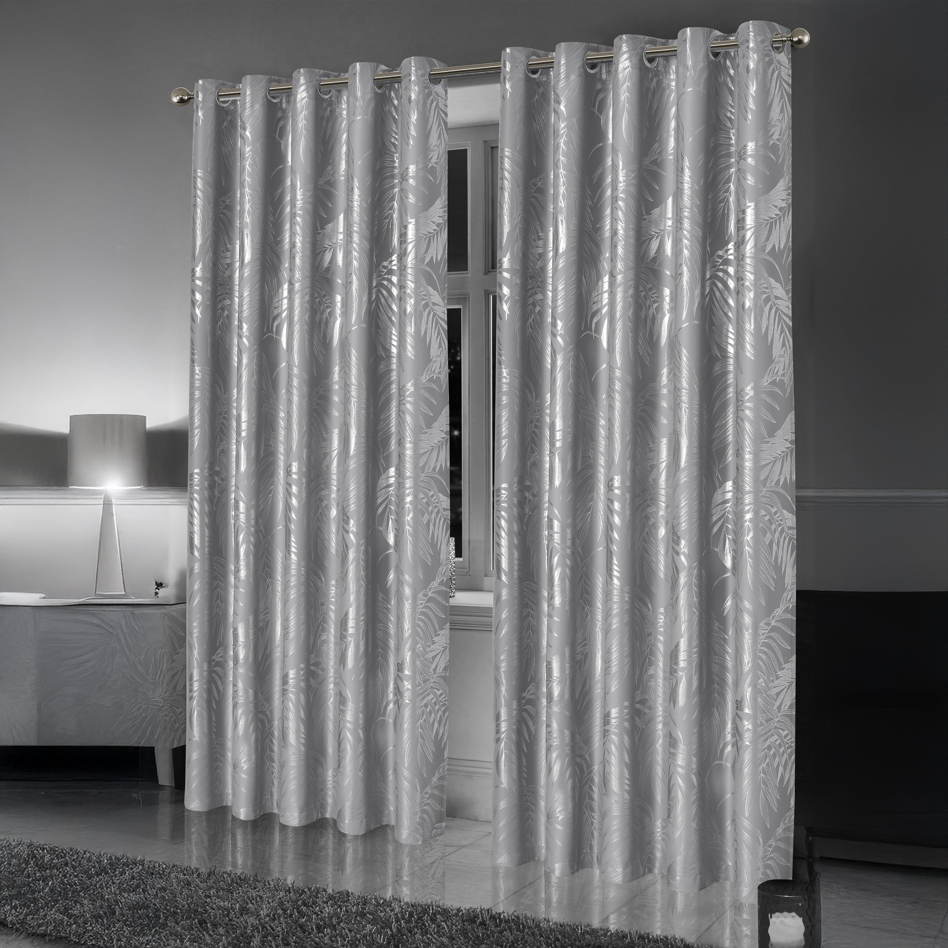 OLIVIA ROCCO Leaf Silver Sparkle Blackout Curtains Super Soft Thermal Insulated Eyelet