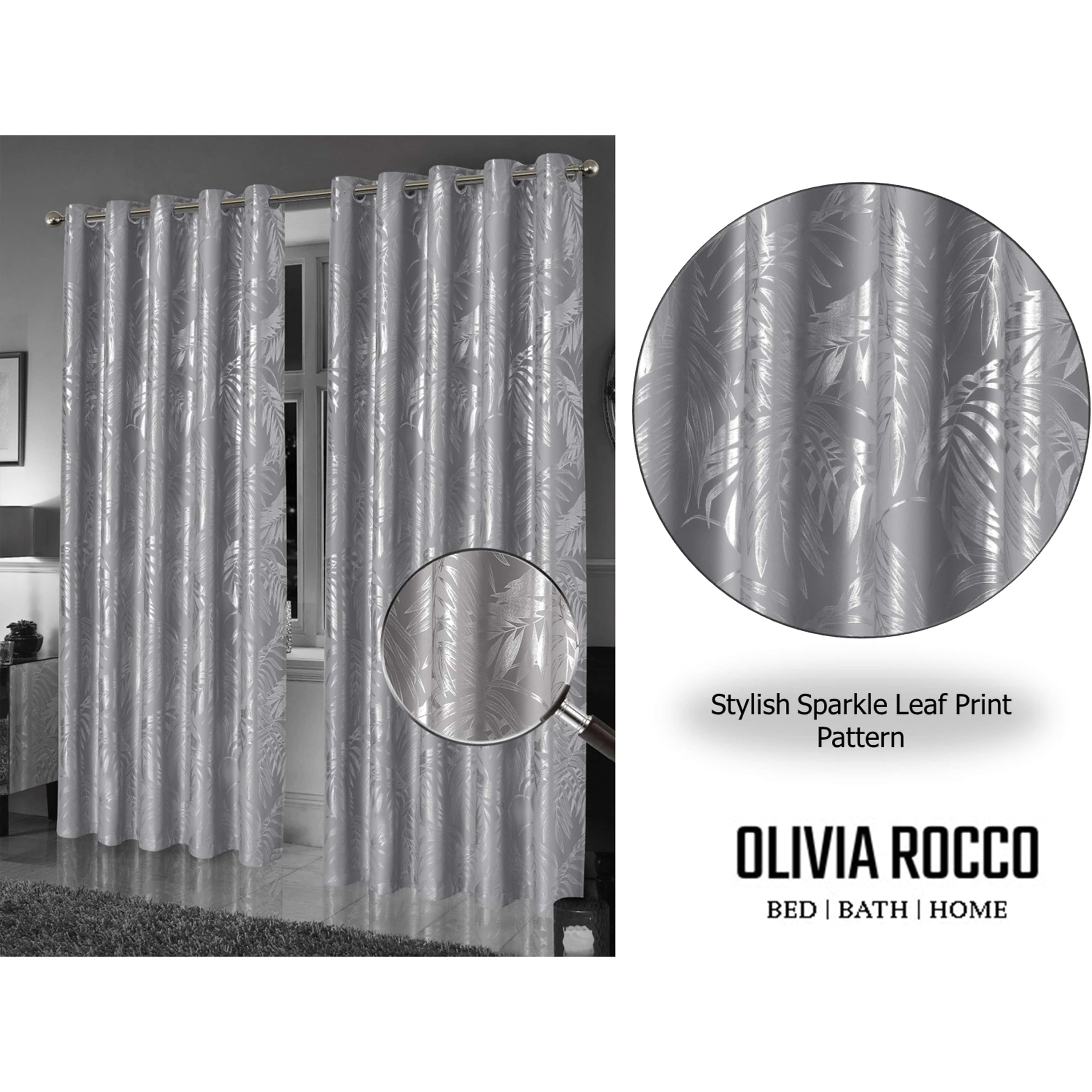 OLIVIA ROCCO Leaf Silver Sparkle Blackout Curtains Super Soft Thermal Insulated Eyelet
