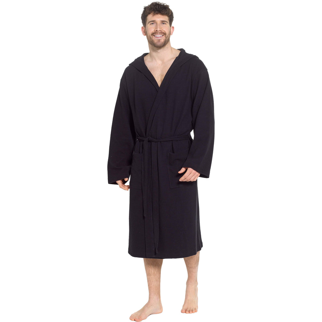 OLIVIA ROCCO Men's Hooded Waffle Cotton Bathrobe Black Super Absorbent Spa Robe Cosy Easy-Care Nightwear Set
