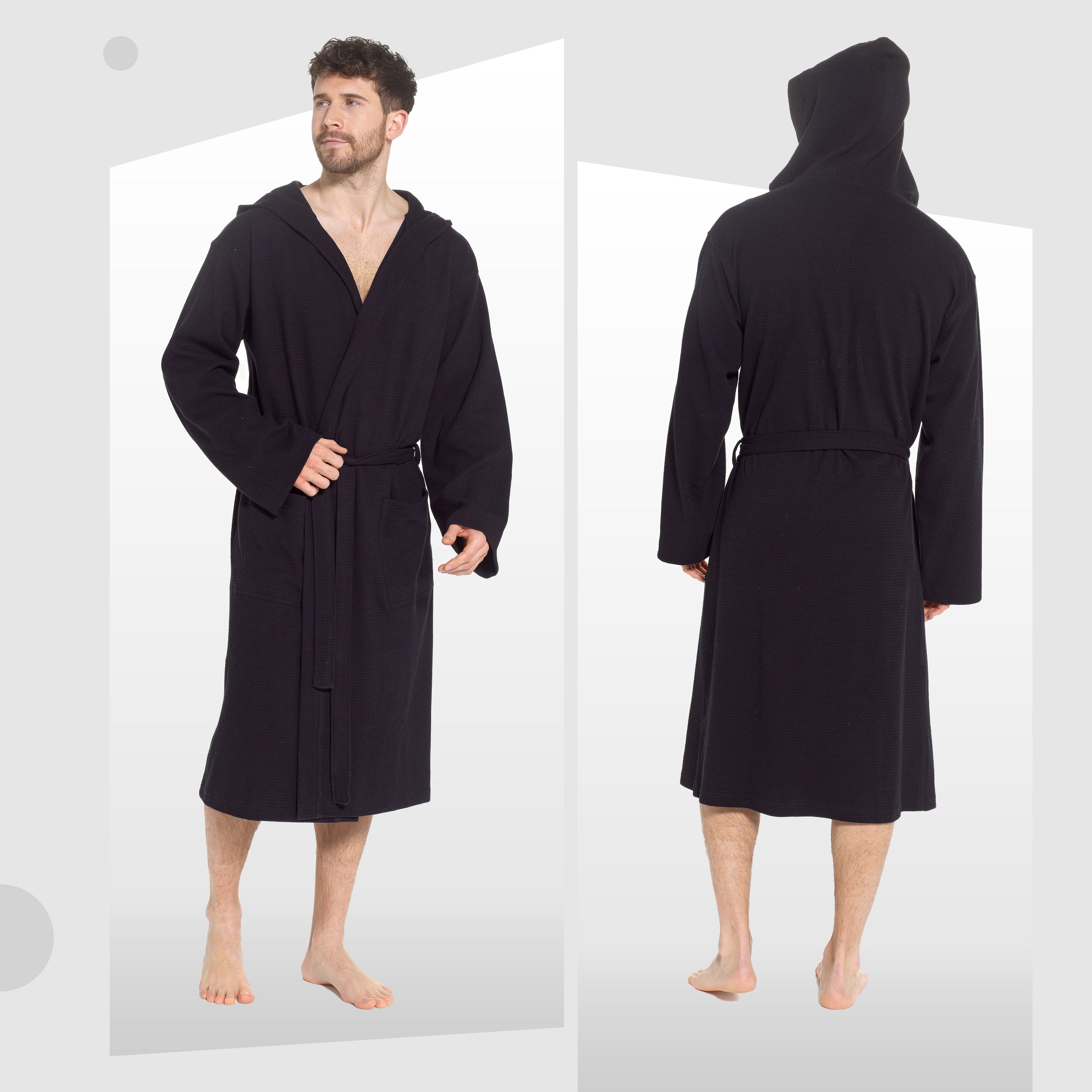 OLIVIA ROCCO Men's Hooded Waffle Cotton Bathrobe Black Super Absorbent Spa Robe Cosy Easy-Care Nightwear Set