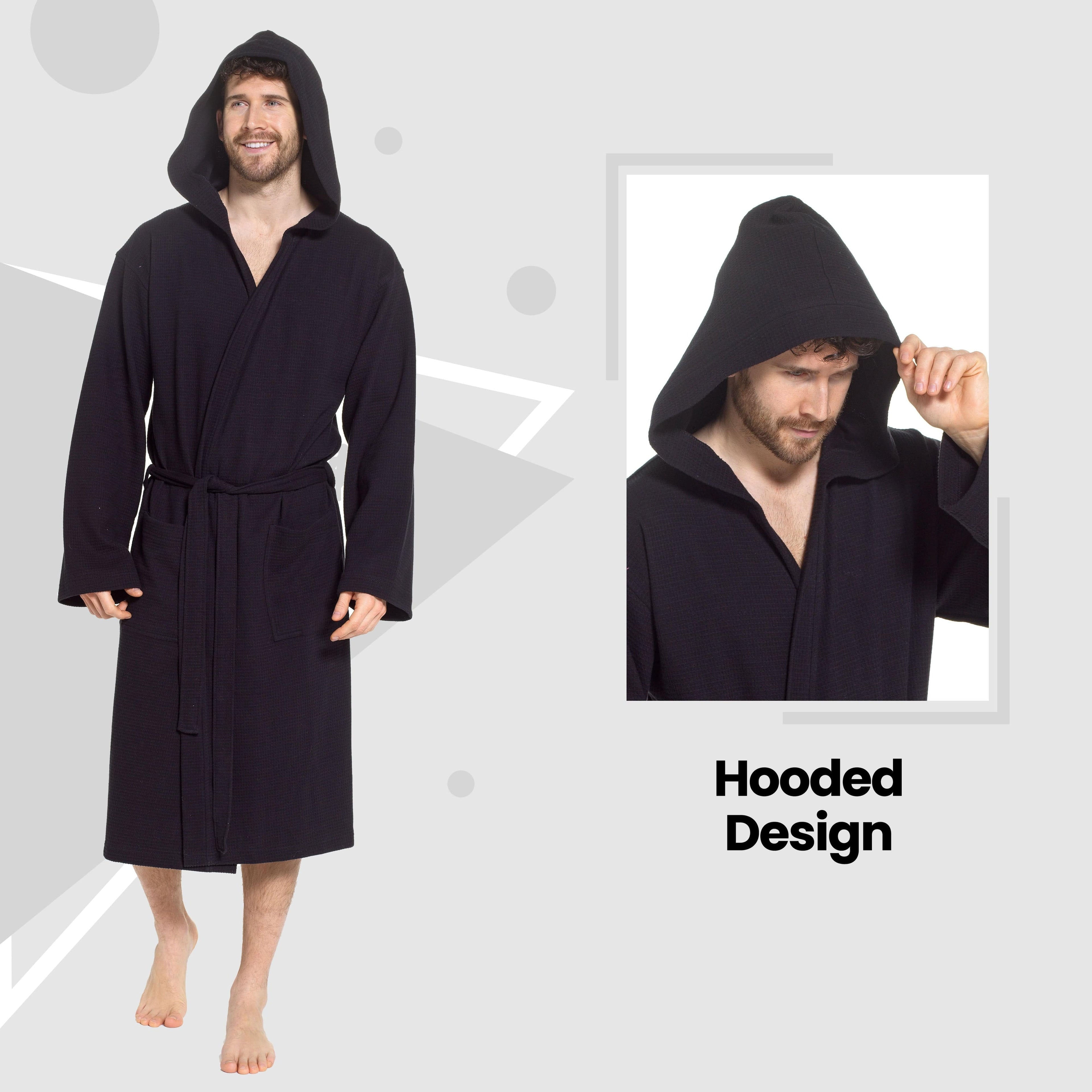 OLIVIA ROCCO Men's Hooded Waffle Cotton Bathrobe Black Super Absorbent Spa Robe Cosy Easy-Care Nightwear Set