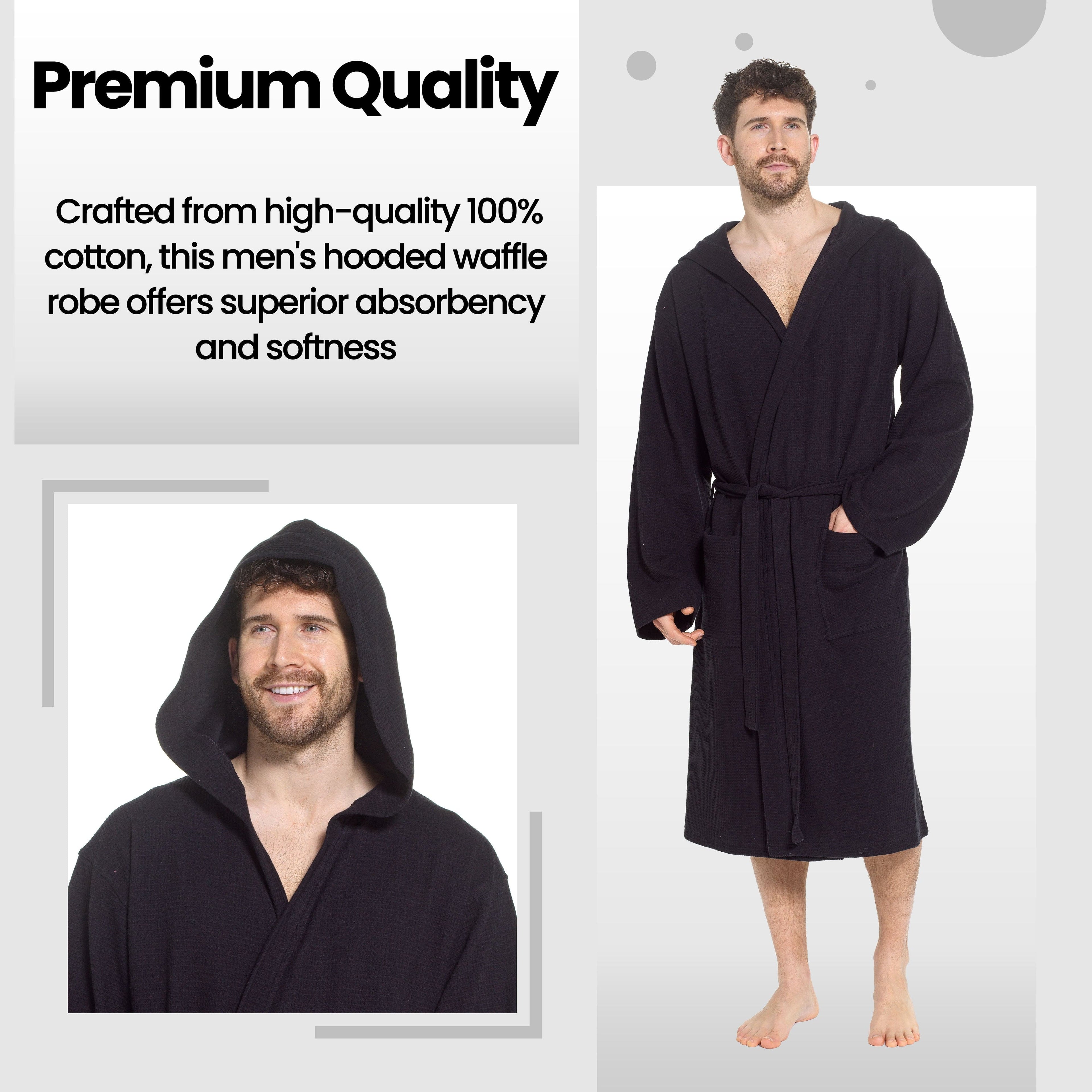 OLIVIA ROCCO Men's Hooded Waffle Cotton Bathrobe Black Super Absorbent Spa Robe Cosy Easy-Care Nightwear Set