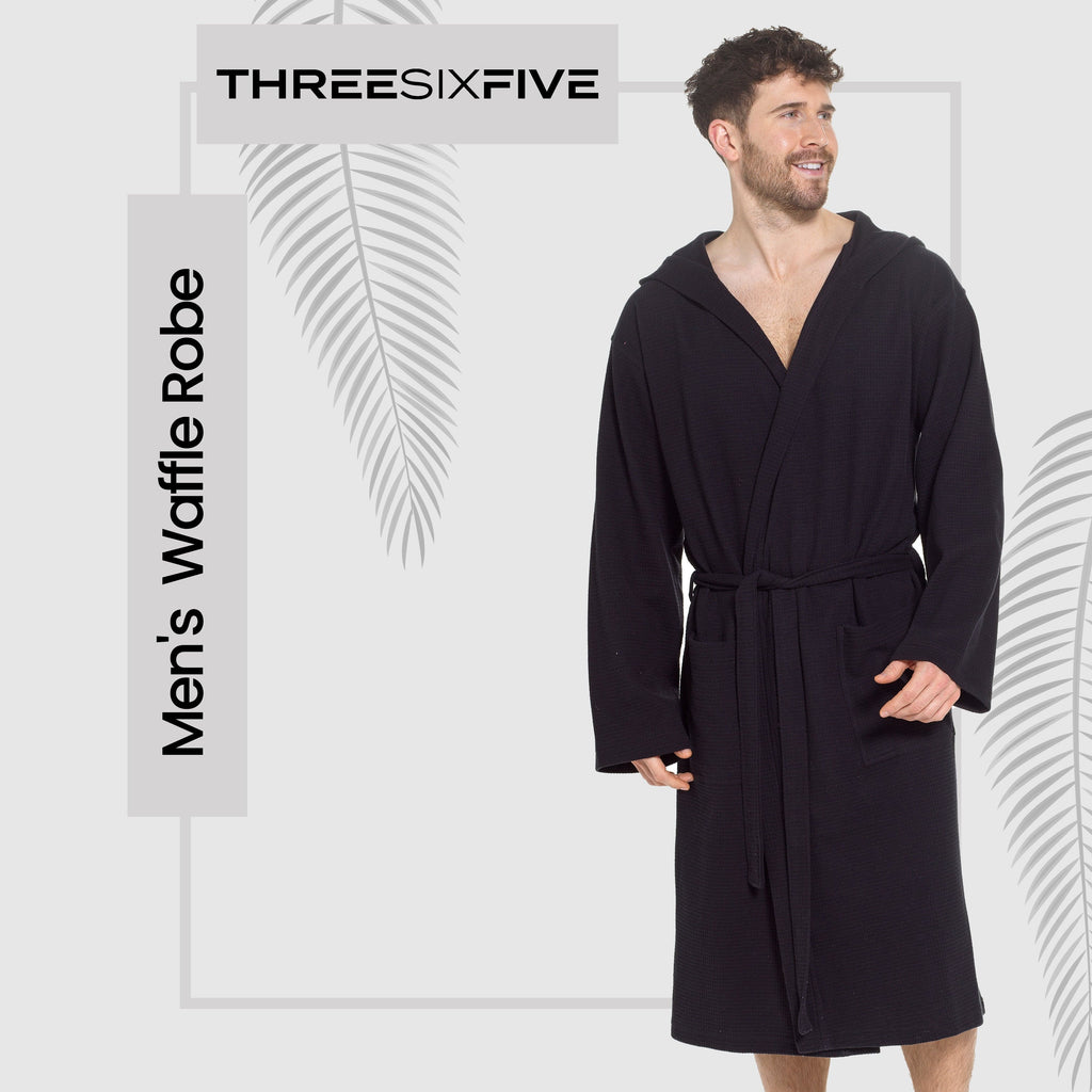 OLIVIA ROCCO Men's Hooded Waffle Cotton Bathrobe Black Super Absorbent Spa Robe Cosy Easy-Care Nightwear Set