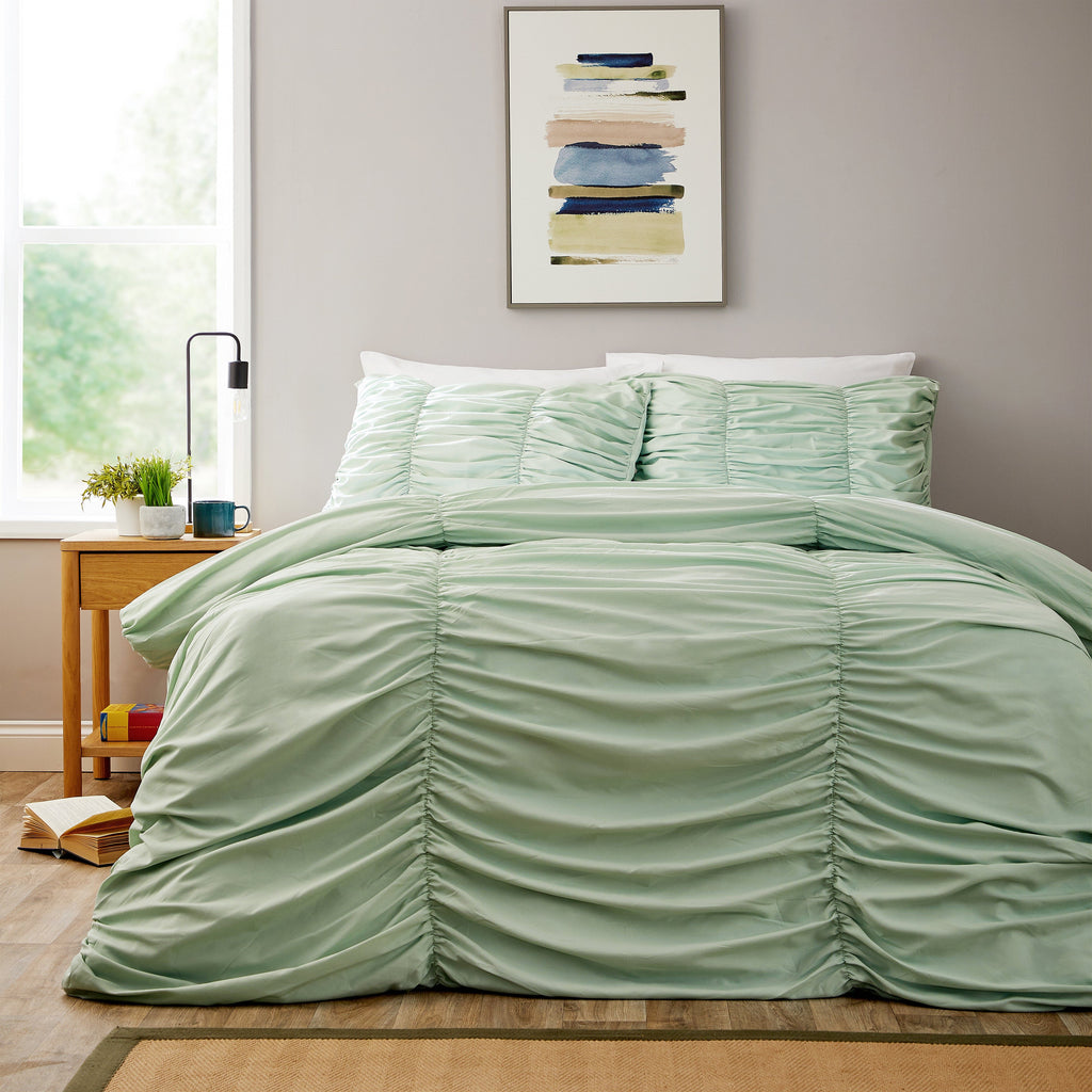 OLIVIA ROCCO Ruched Sage Green Microfibre Duvet Cover Set With Pillowcases Easy Care