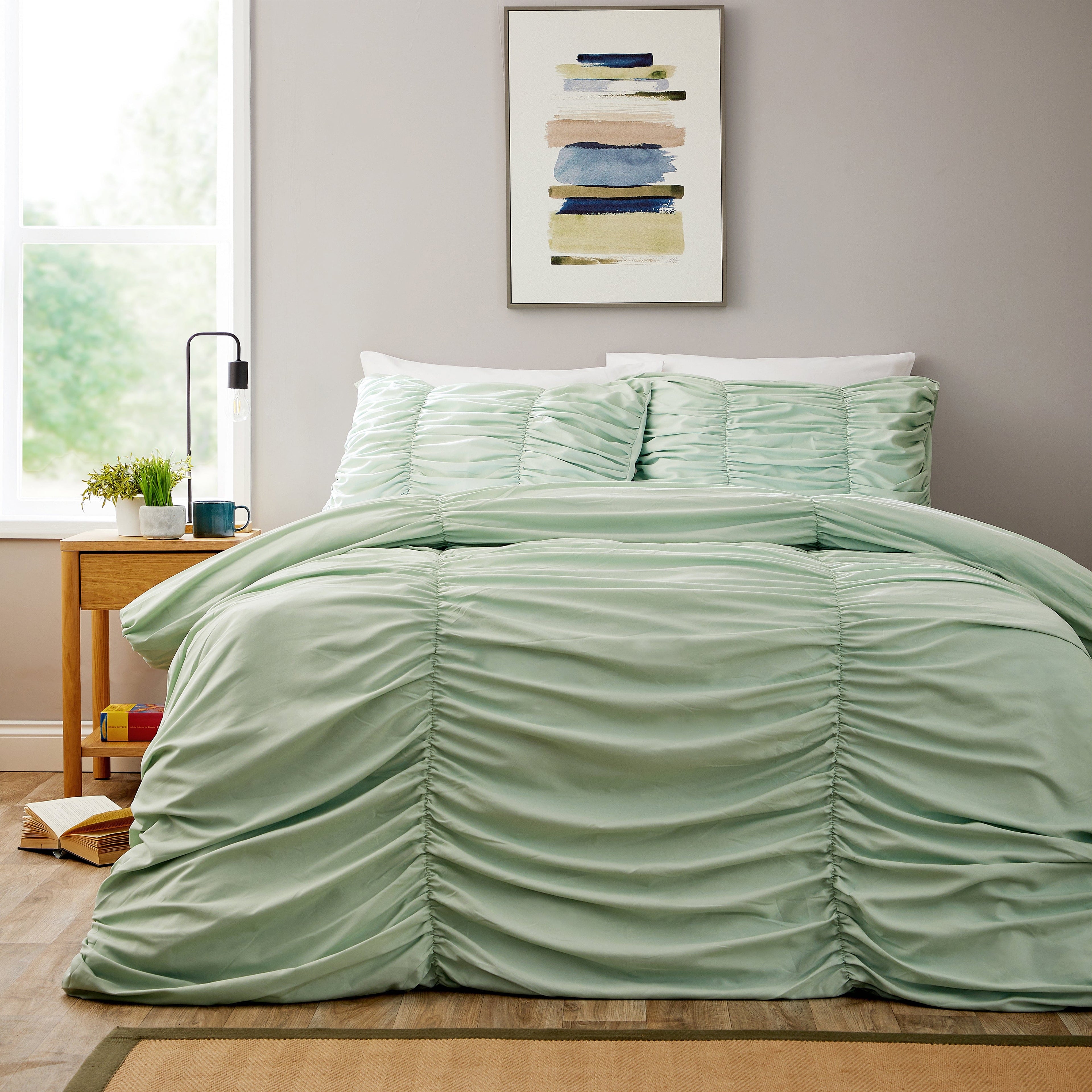 OLIVIA ROCCO Ruched Sage Green Microfibre Duvet Cover Set With Pillowcases Easy Care