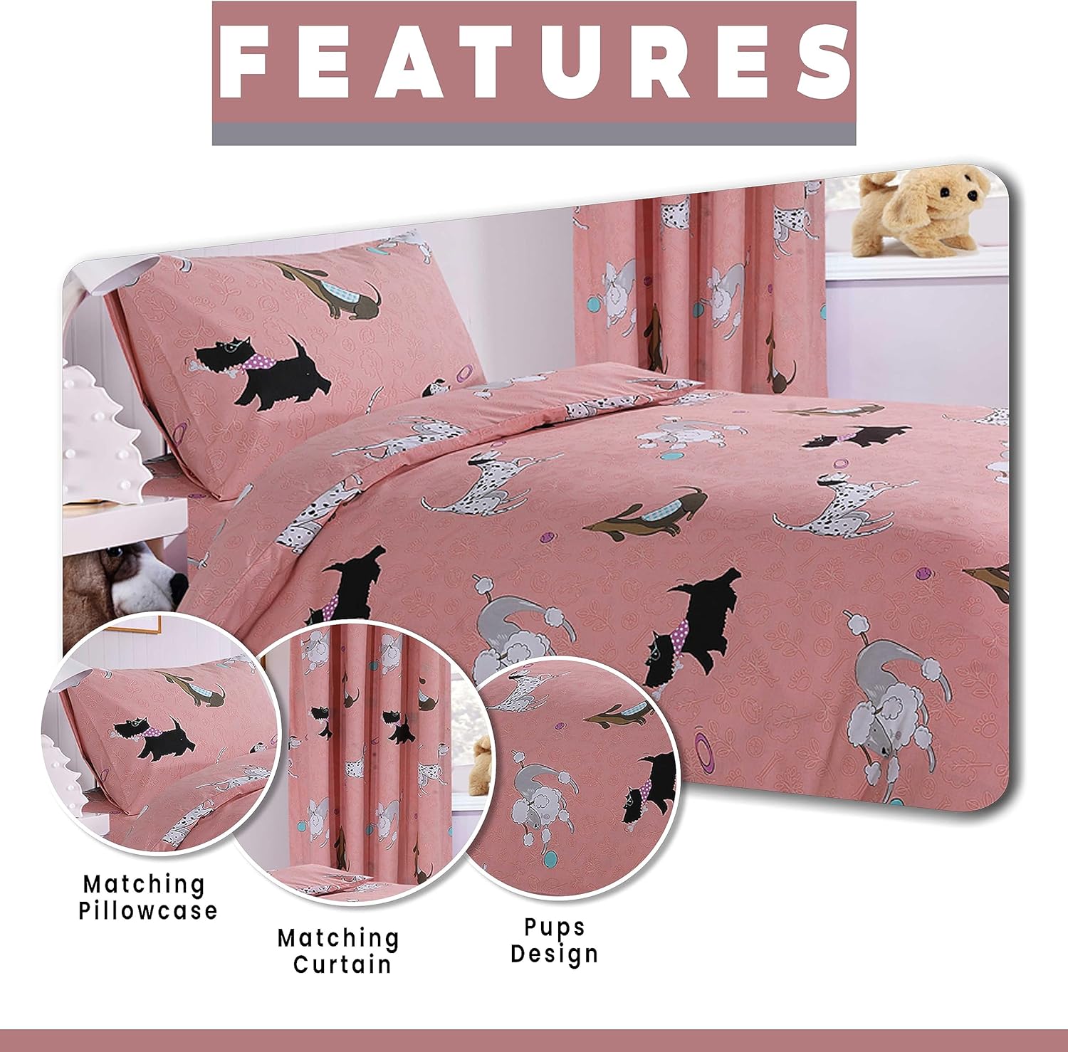 OLIVIA ROCCO Pink Dog Print Duvet Cover Set With Matching Curtains Cotton Blend Bedding
