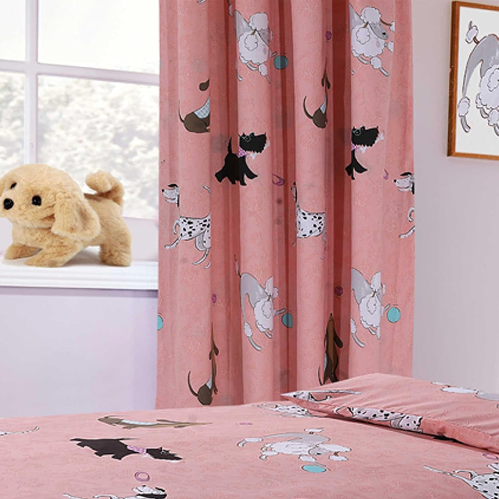 OLIVIA ROCCO Pink Dog Print Duvet Cover Set With Matching Curtains Cotton Blend Bedding