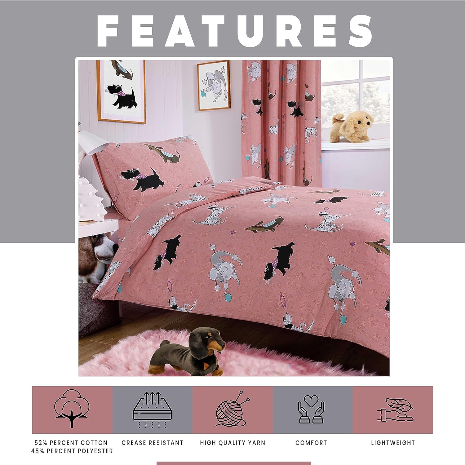 OLIVIA ROCCO Pink Dog Print Duvet Cover Set With Matching Curtains Cotton Blend Bedding