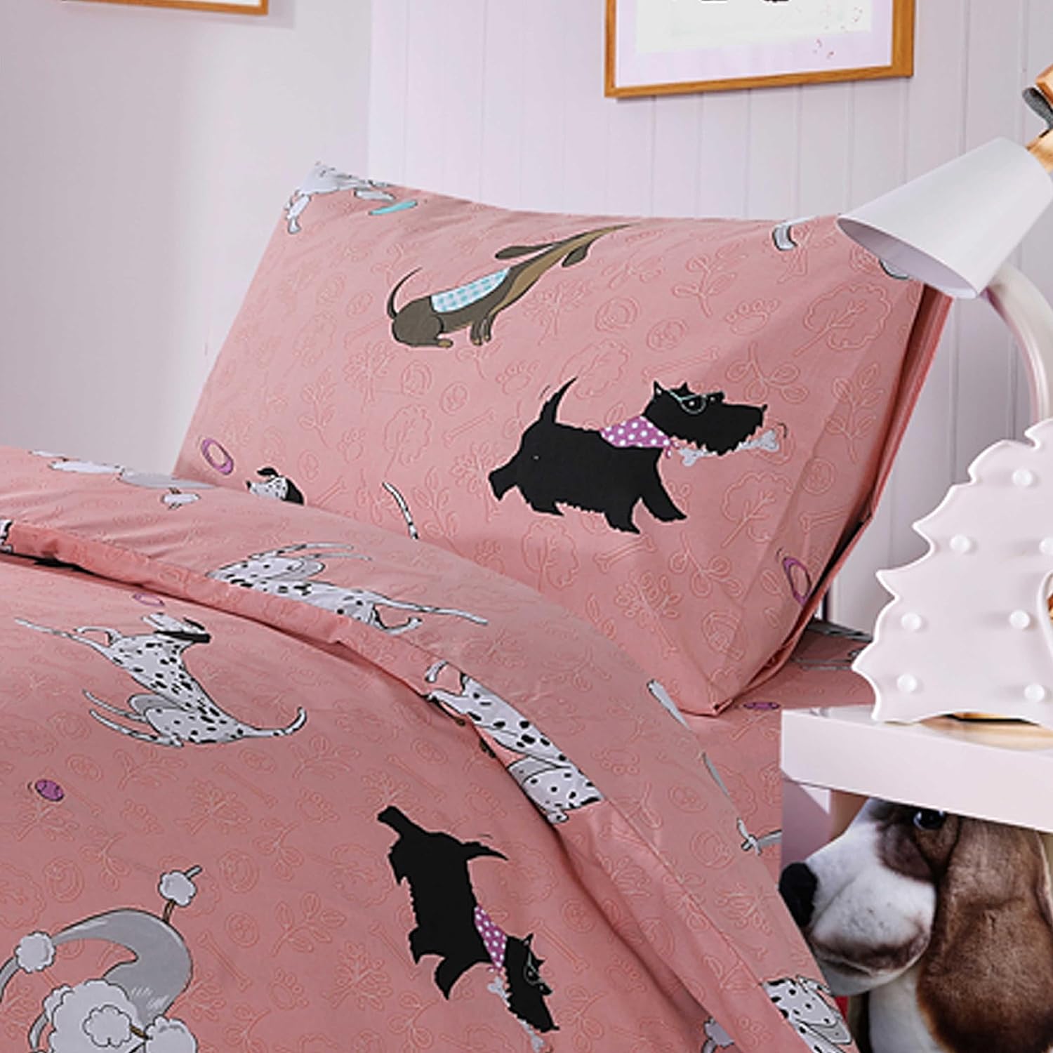 OLIVIA ROCCO Pink Dog Print Duvet Cover Set With Matching Curtains Cotton Blend Bedding