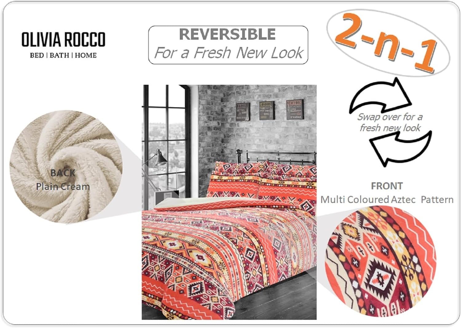 OLIVIA ROCCO Aztec Print Teddy Duvet Set With Reversible Sherpa Fleece Fur Luxurious