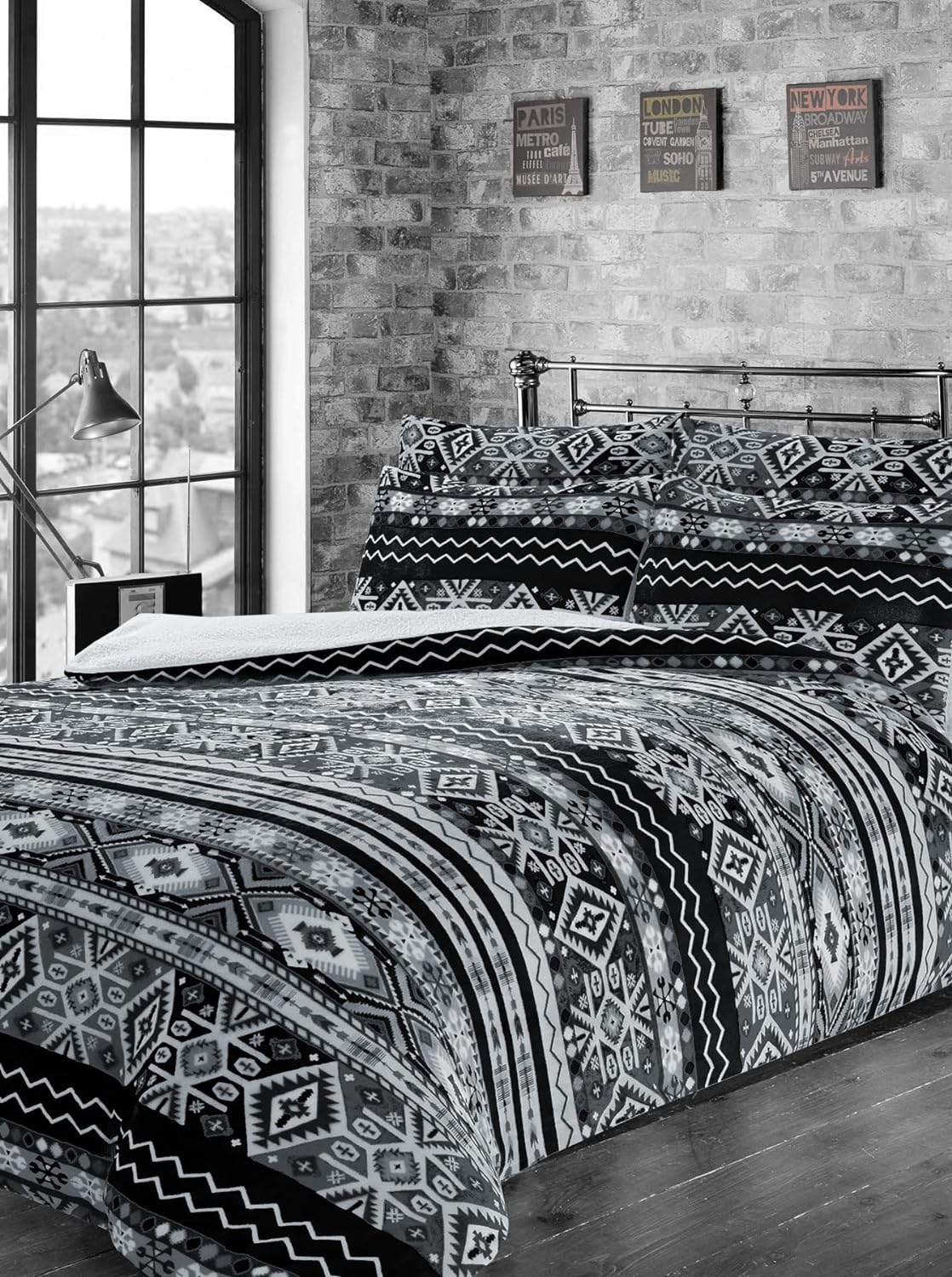 OLIVIA ROCCO Aztec Print Teddy Duvet Set With Reversible Sherpa Fleece Fur Luxurious