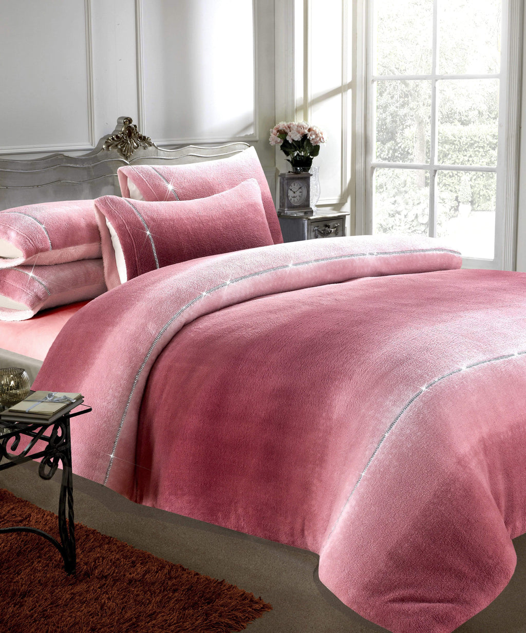 OLIVIA ROCCO Ombre Teddy Fleece Duvet Set With Diamante Detailing Two-Tone Luxury Bedding