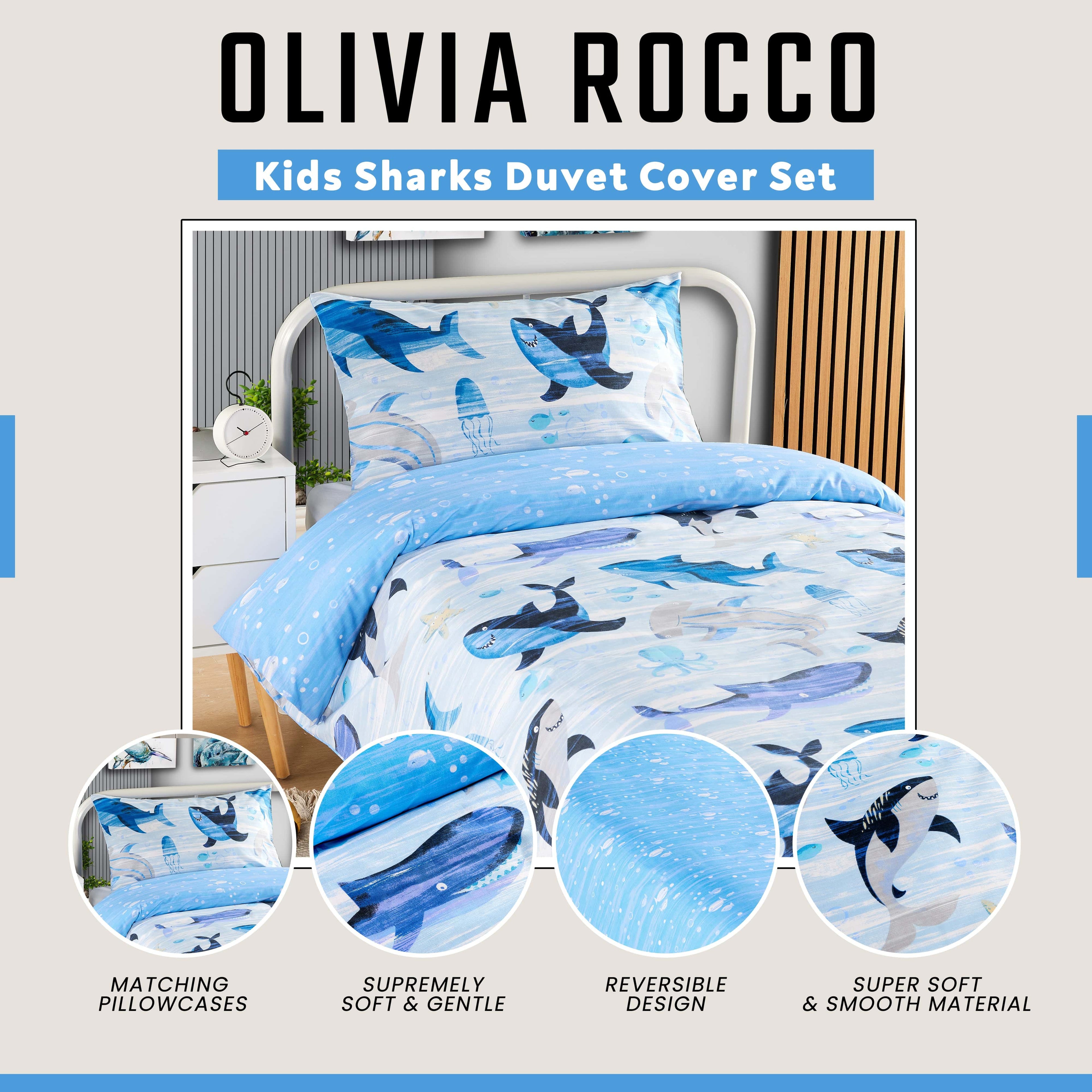 OLIVIA ROCCO Duvet Cover Set For Kids For Boys And Girls Sharks And Whales Reversible
