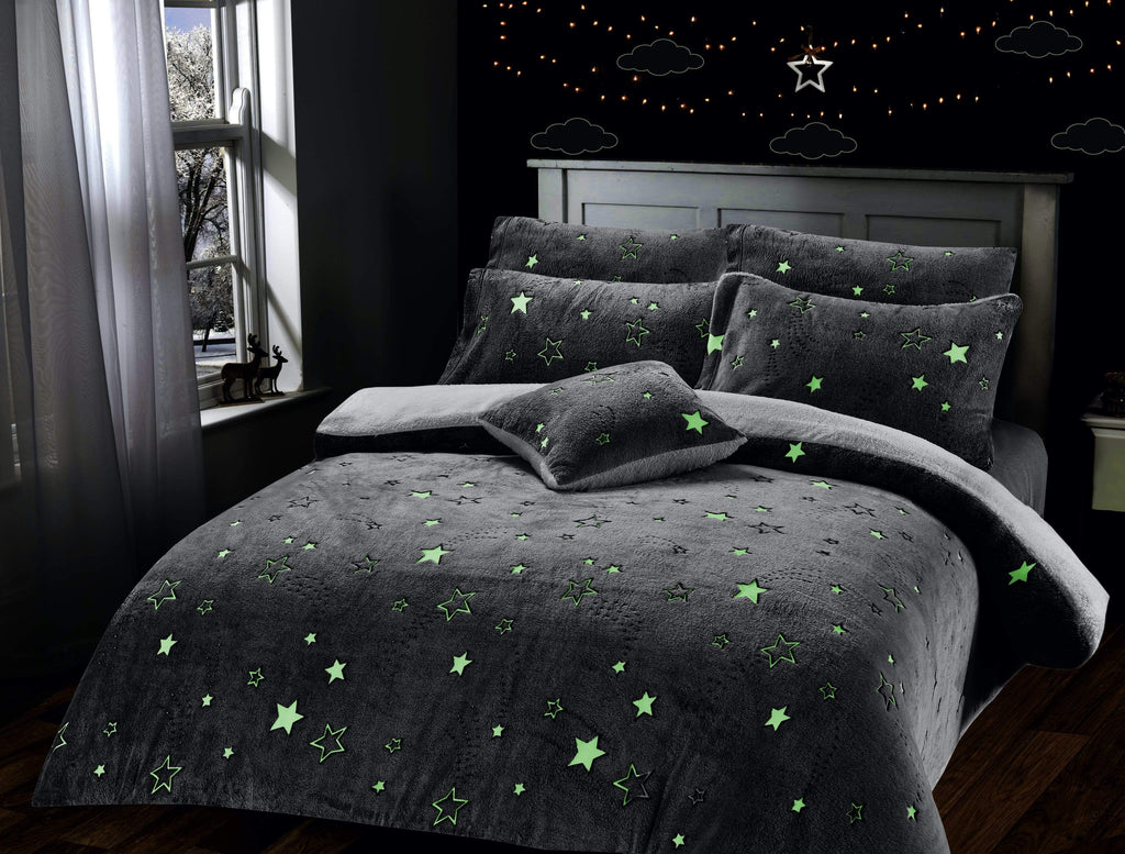 OLIVIA ROCCO Magical Stars Glow In The Dark Teddy Fleece Kids Duvet Set Ultra Soft