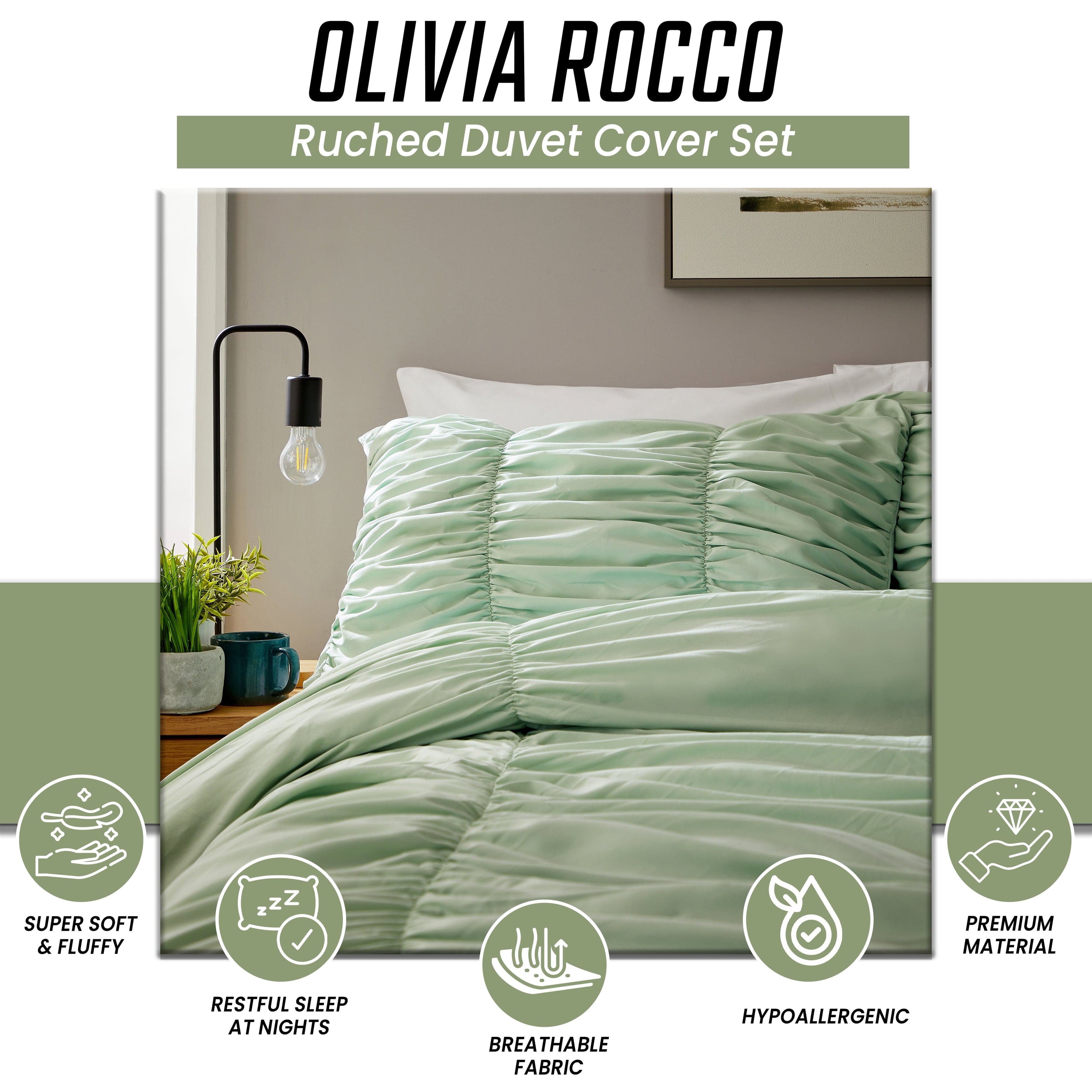 OLIVIA ROCCO Ruched Sage Green Microfibre Duvet Cover Set With Pillowcases Easy Care