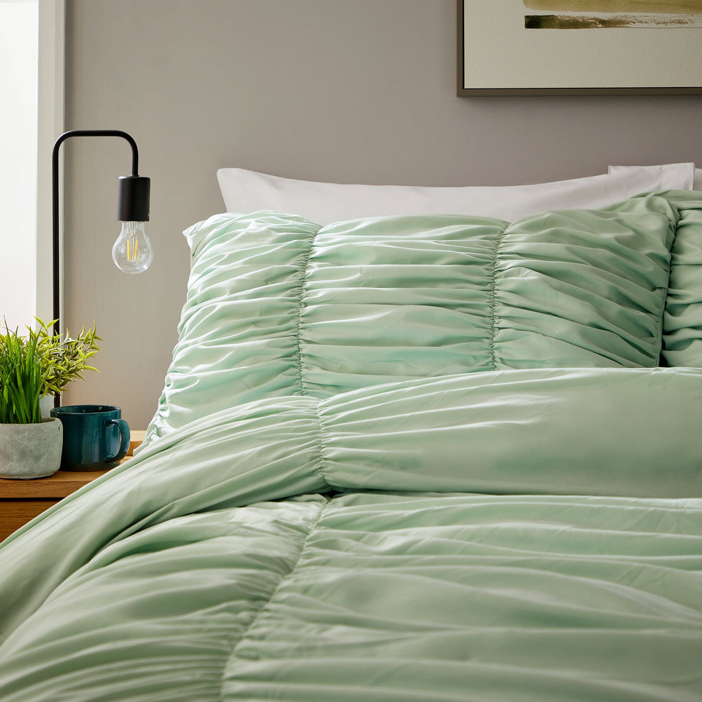 OLIVIA ROCCO Ruched Sage Green Microfibre Duvet Cover Set With Pillowcases Easy Care