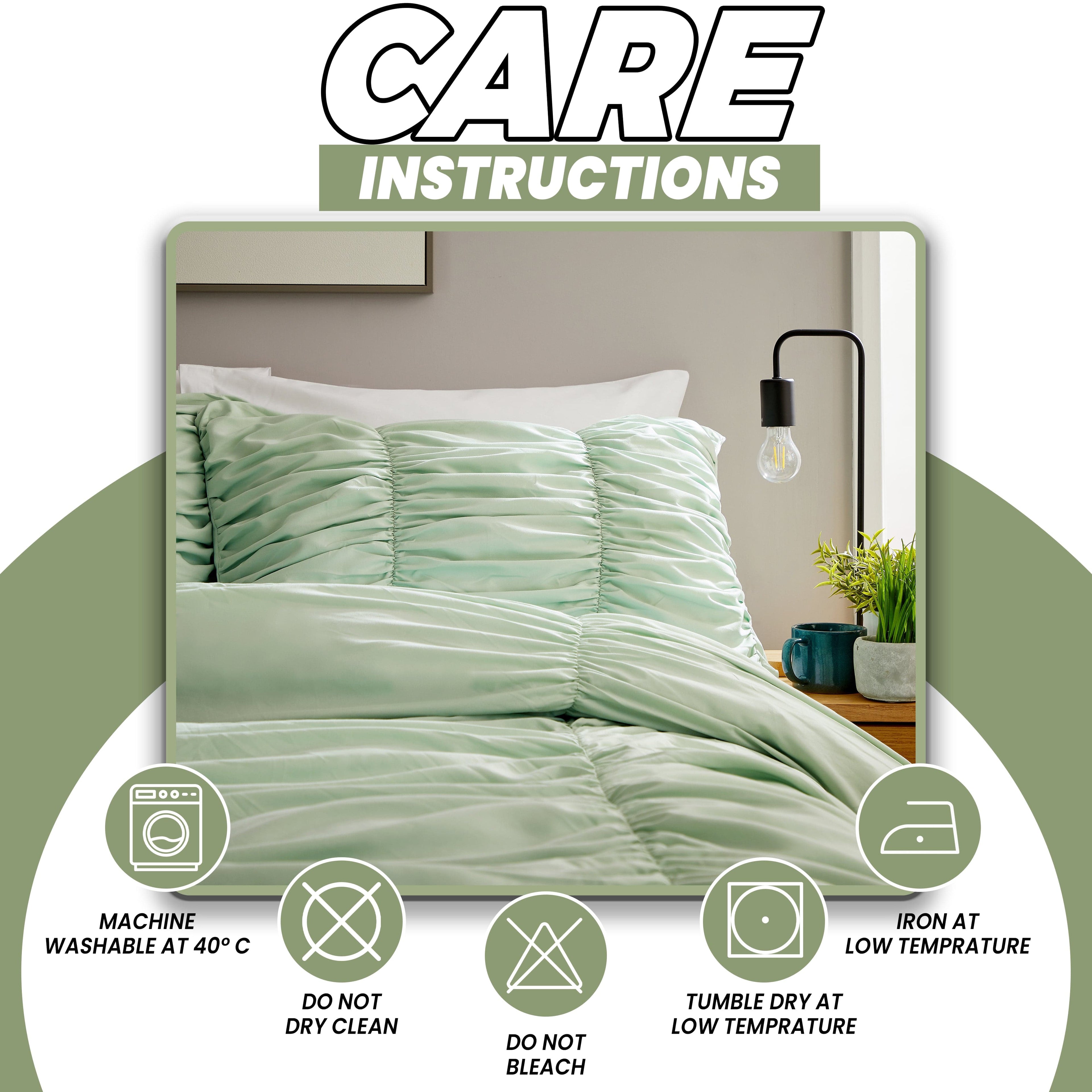 OLIVIA ROCCO Ruched Sage Green Microfibre Duvet Cover Set With Pillowcases Easy Care