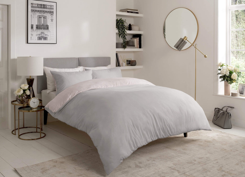 OLIVIA ROCCO Chambray Reversible Duvet Set Cotton Rich Bedding In Grey And Pink Sizes